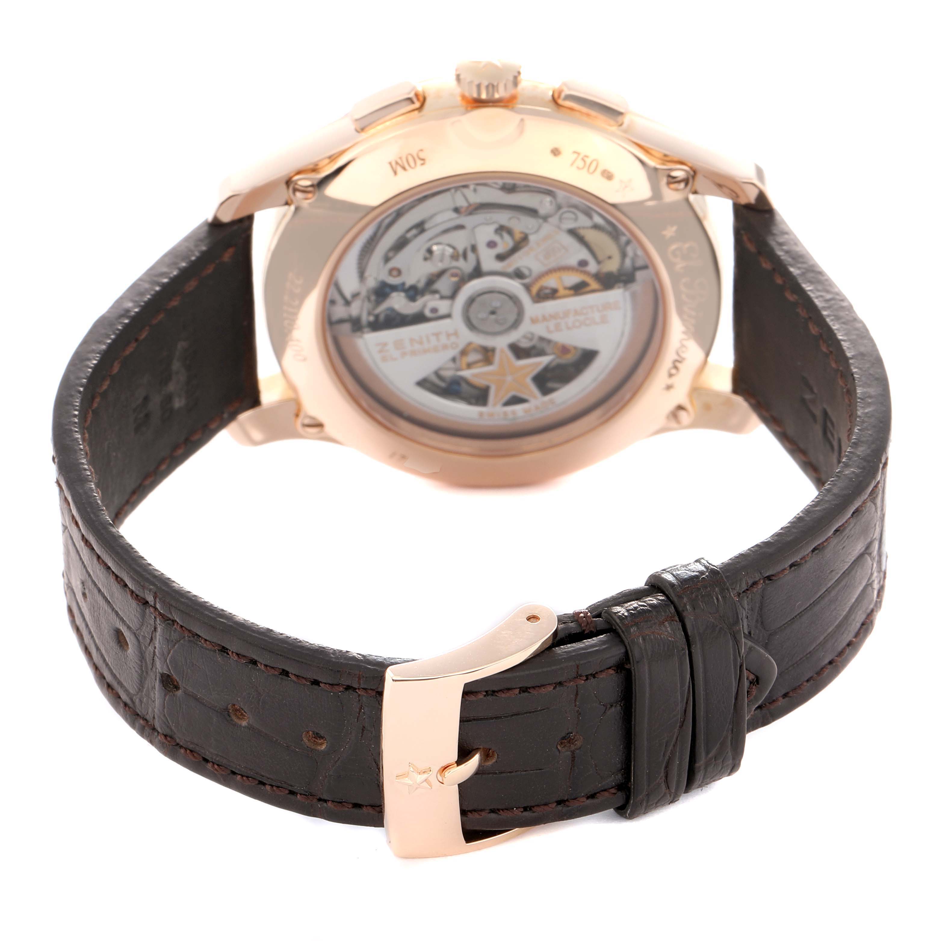 The watch is a Zenith El Primero 22.2110.400 Men
s Rose Gold Silver Dial, shown from the back, displaying its movement and leather strap.