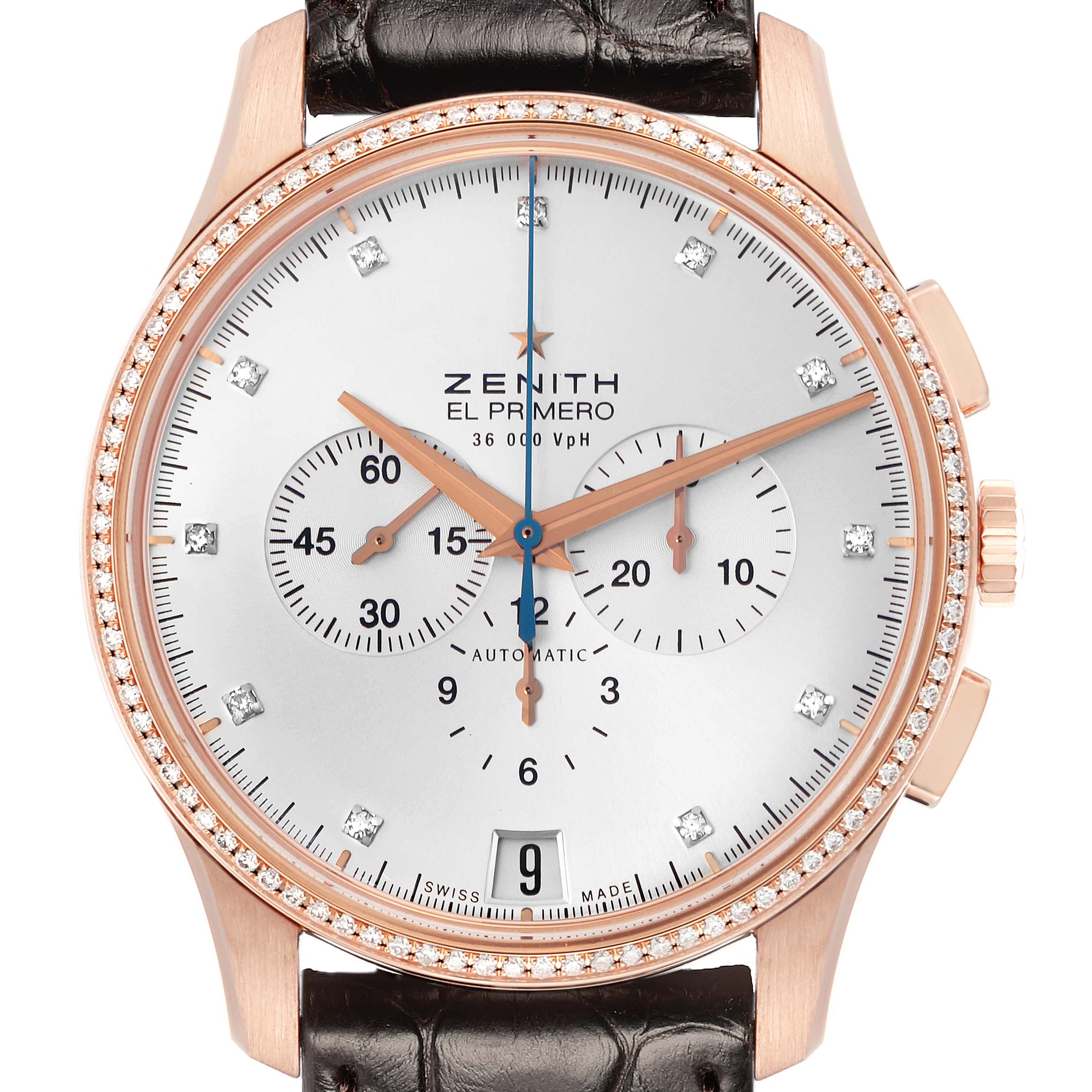 The Zenith El Primero 22.2110.400 Men
s Rose Gold Silver Dial watch is shown from the front, displaying the dial, subdials, crown, and part of the strap.