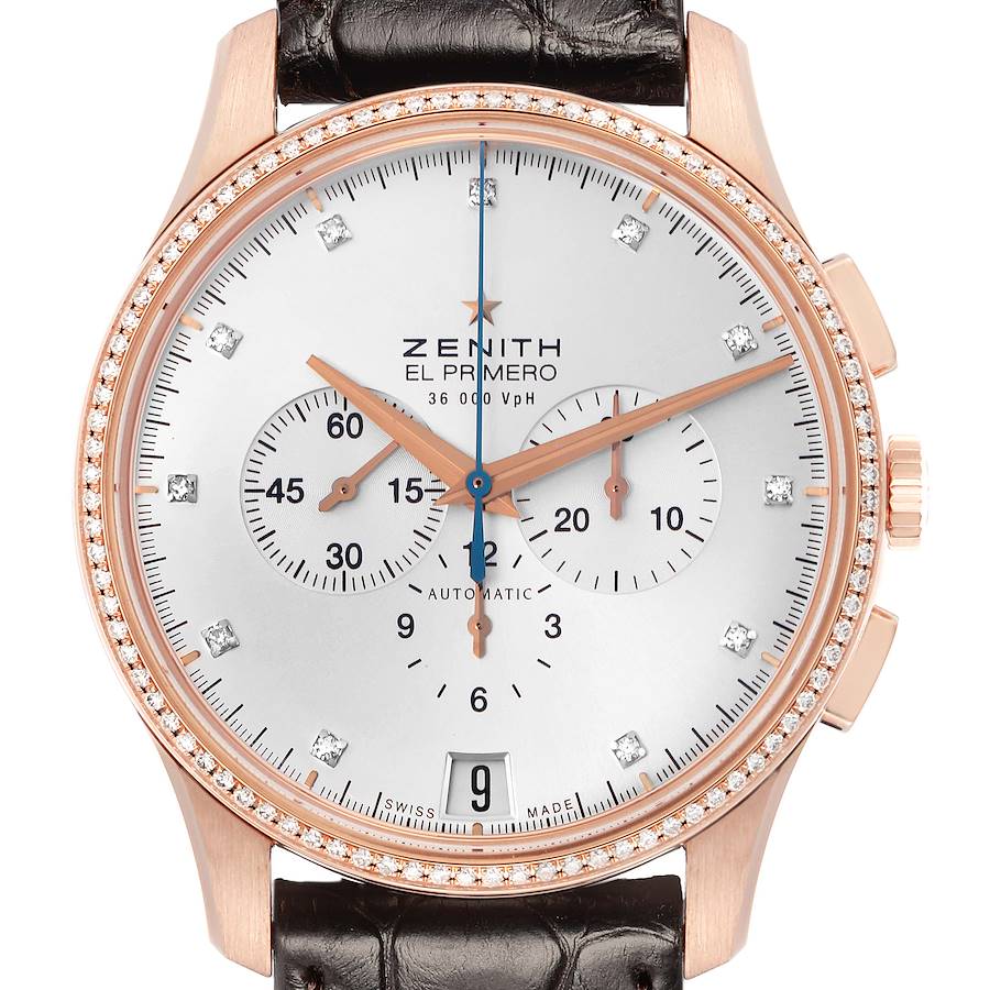 The Zenith El Primero 22.2110.400 Men's Rose Gold Silver Dial watch is shown from the front, displaying the dial, subdials, crown, and part of the strap.