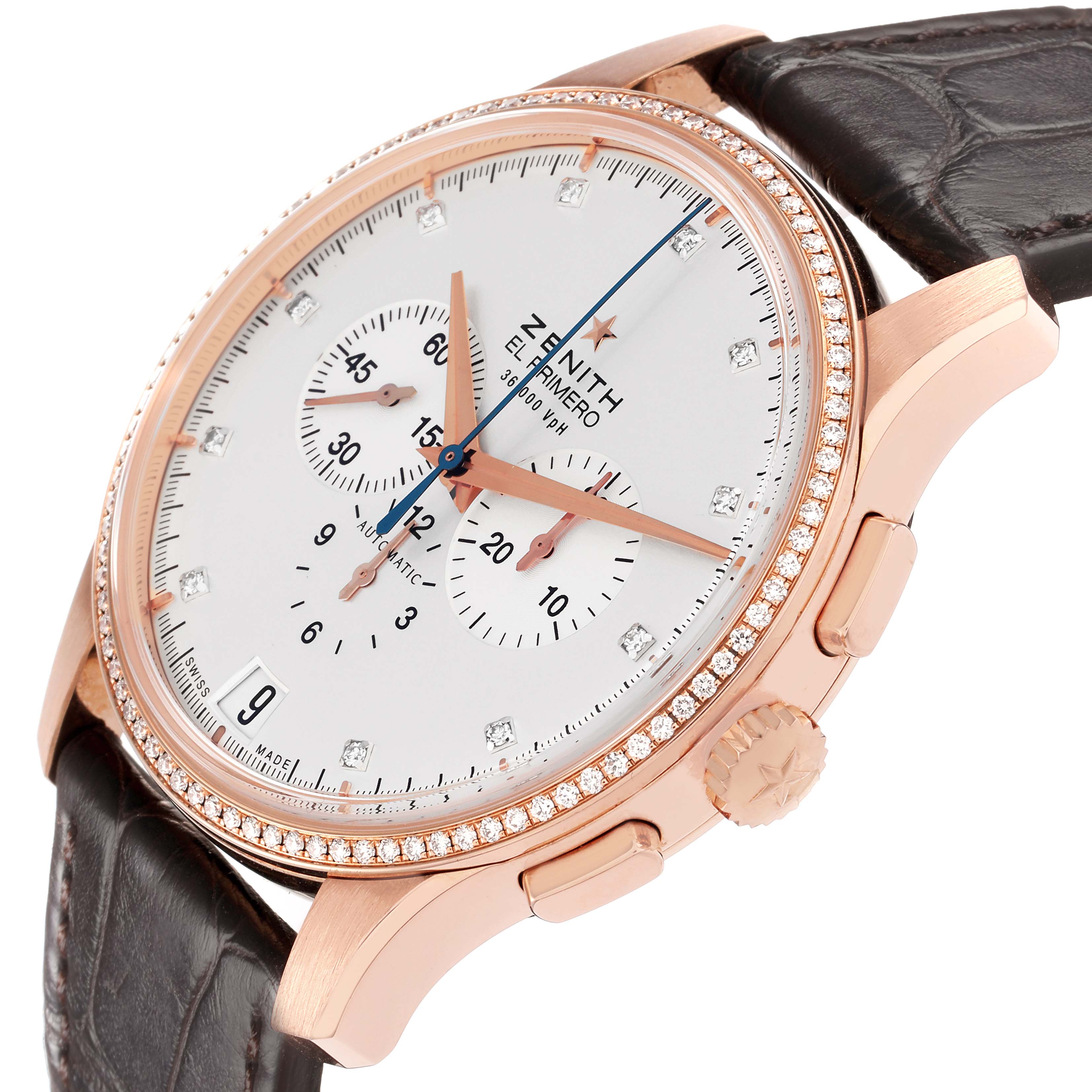 The Zenith El Primero 22.2110.400 Men
s Rose Gold Silver Dial watch is shown at a side angle, highlighting the dial, bezel, crown, pushers, and leather strap.