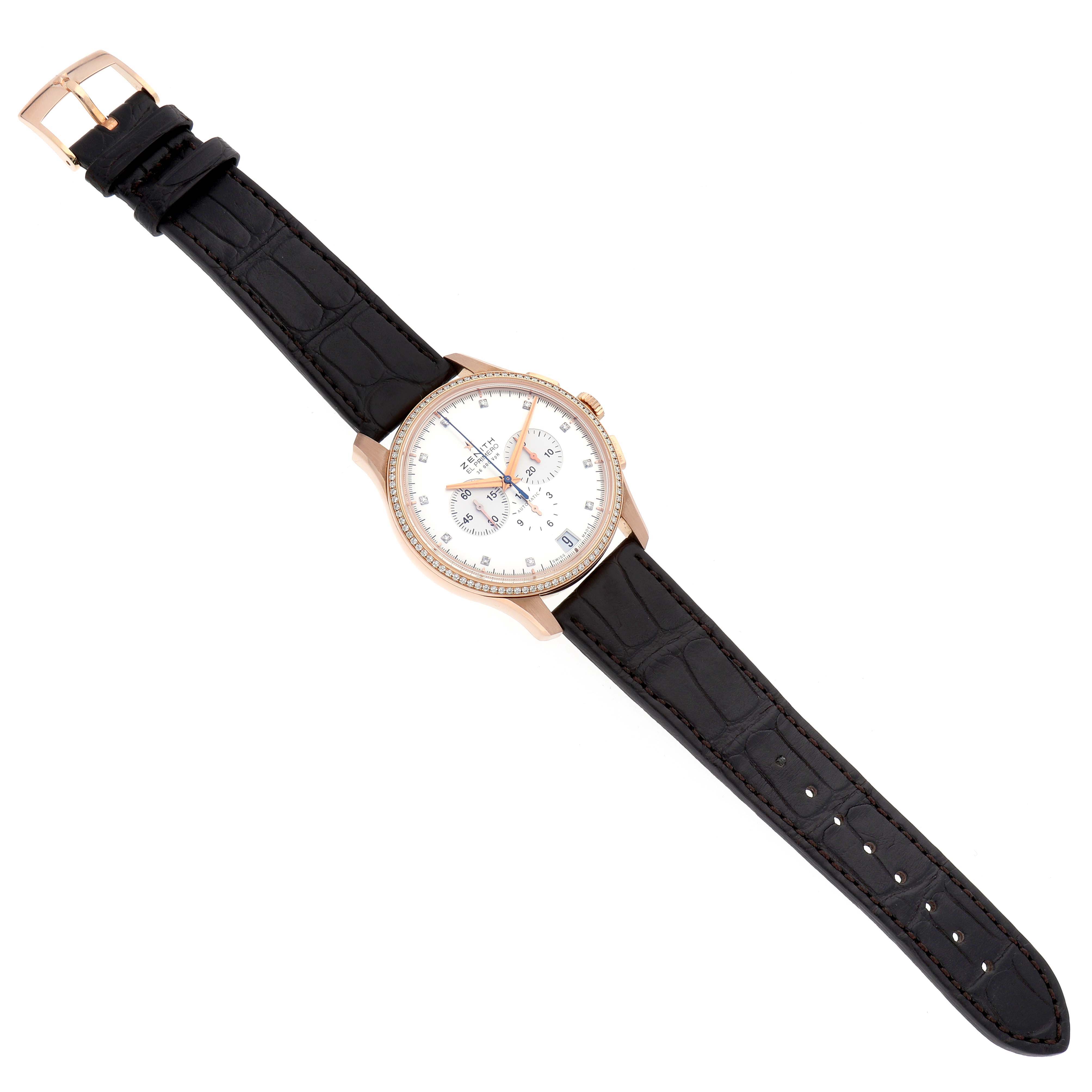 The Zenith El Primero 22.2110.400 Men
s Rose Gold Silver Dial watch is shown from a top view, featuring the dial, strap, buckle, and case.