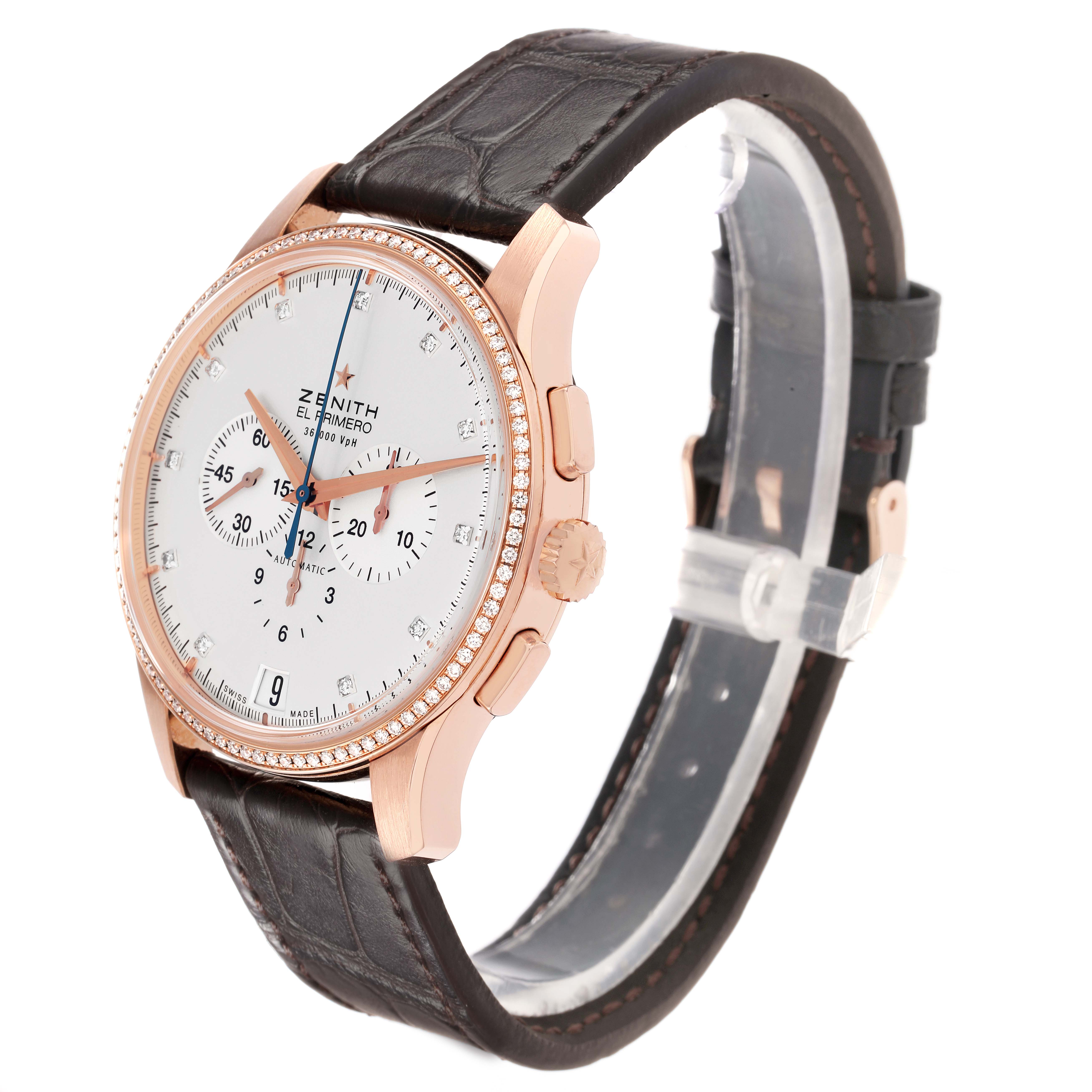 The Zenith El Primero 22.2110.400 Men
s Rose Gold Silver Dial watch is shown at a three-quarter angle, displaying the dial, bezel, crown, pushers, and strap.