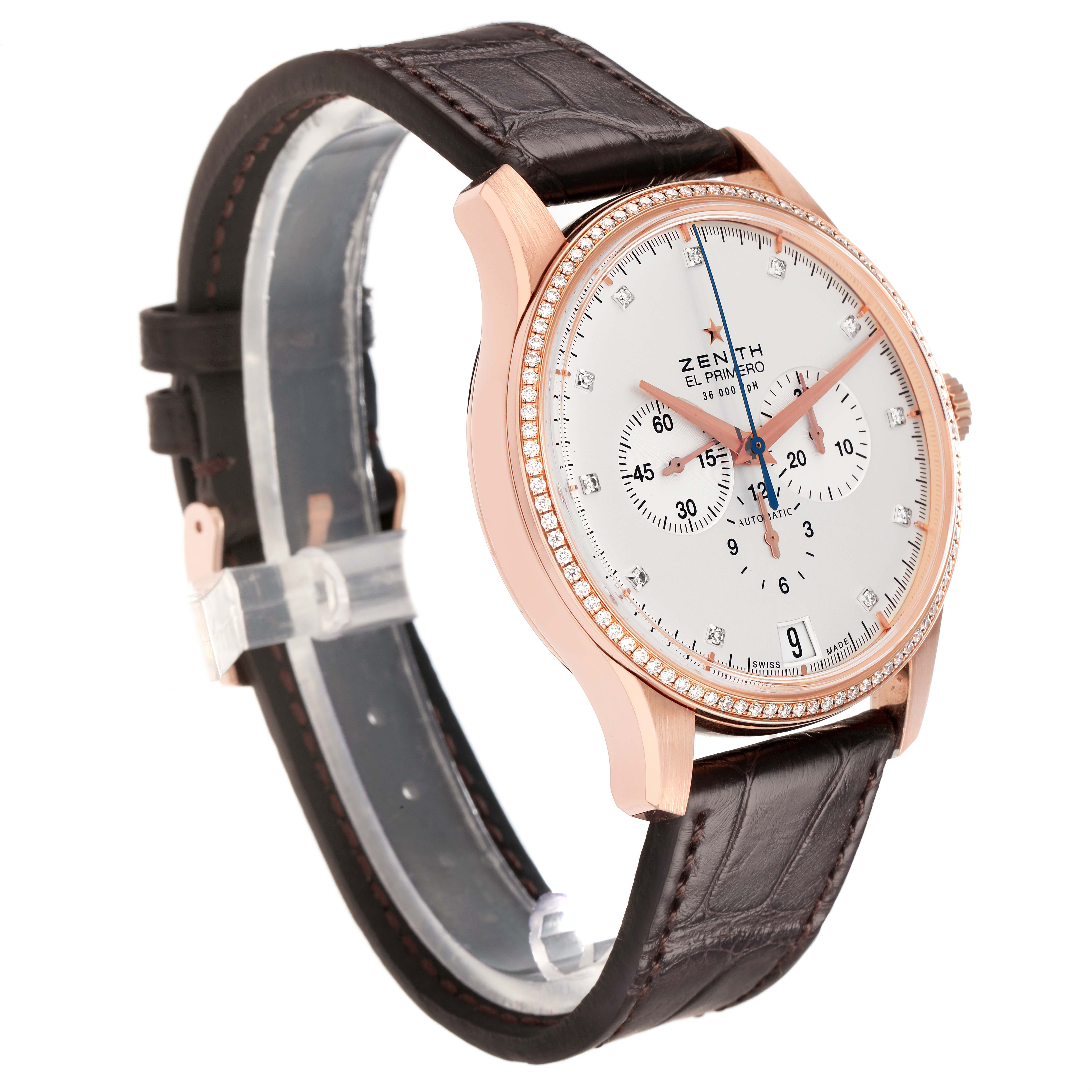 The Zenith El Primero 22.2110.400 Men
s Rose Gold Silver Dial watch is shown at an angled view, highlighting the face, rose gold case, and leather strap.