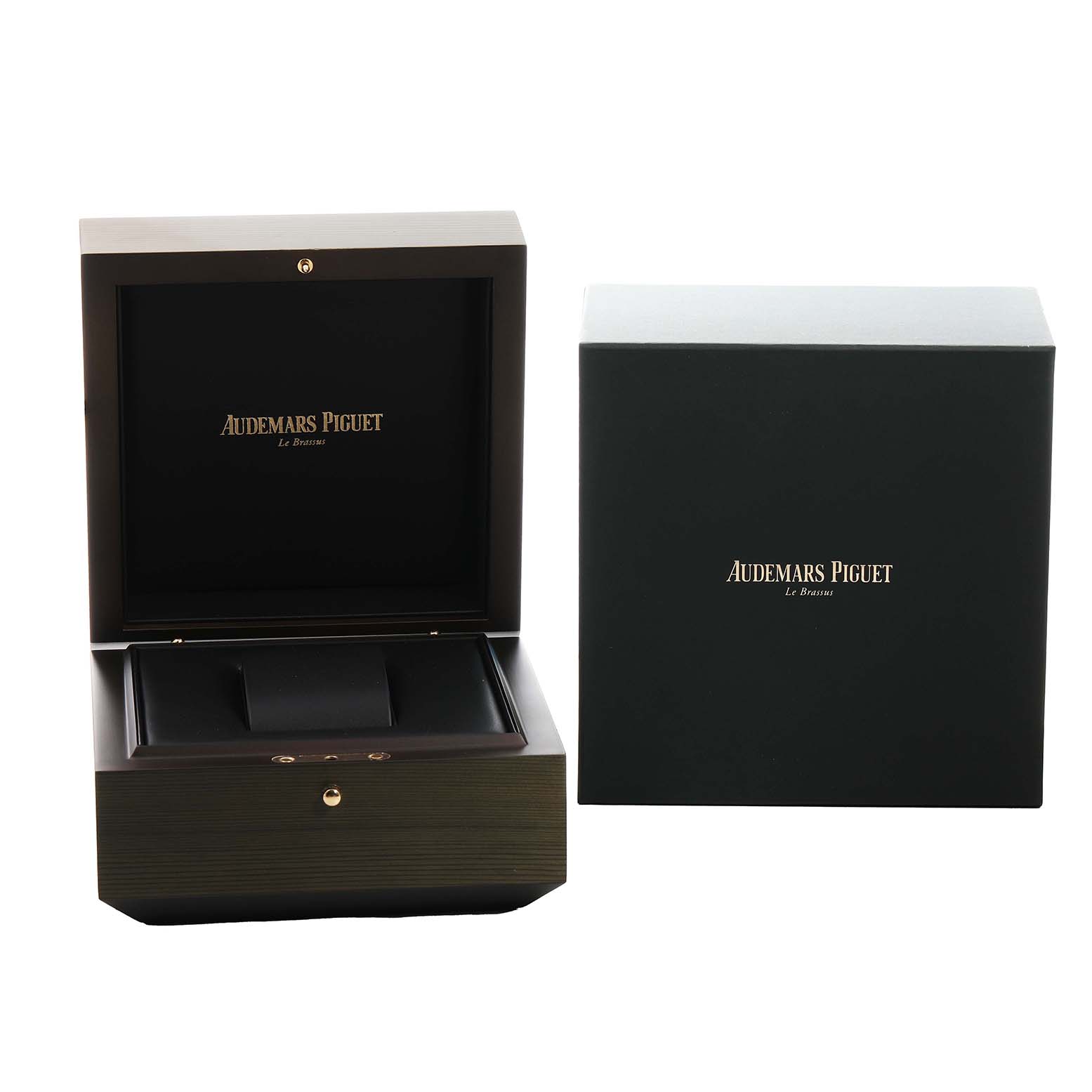 The image shows an Audemars Piguet Royal Oak Offshore 25770ST Men's Stainless Steel Yellow Dial watch box set, with an open wooden box and a closed exterior box.