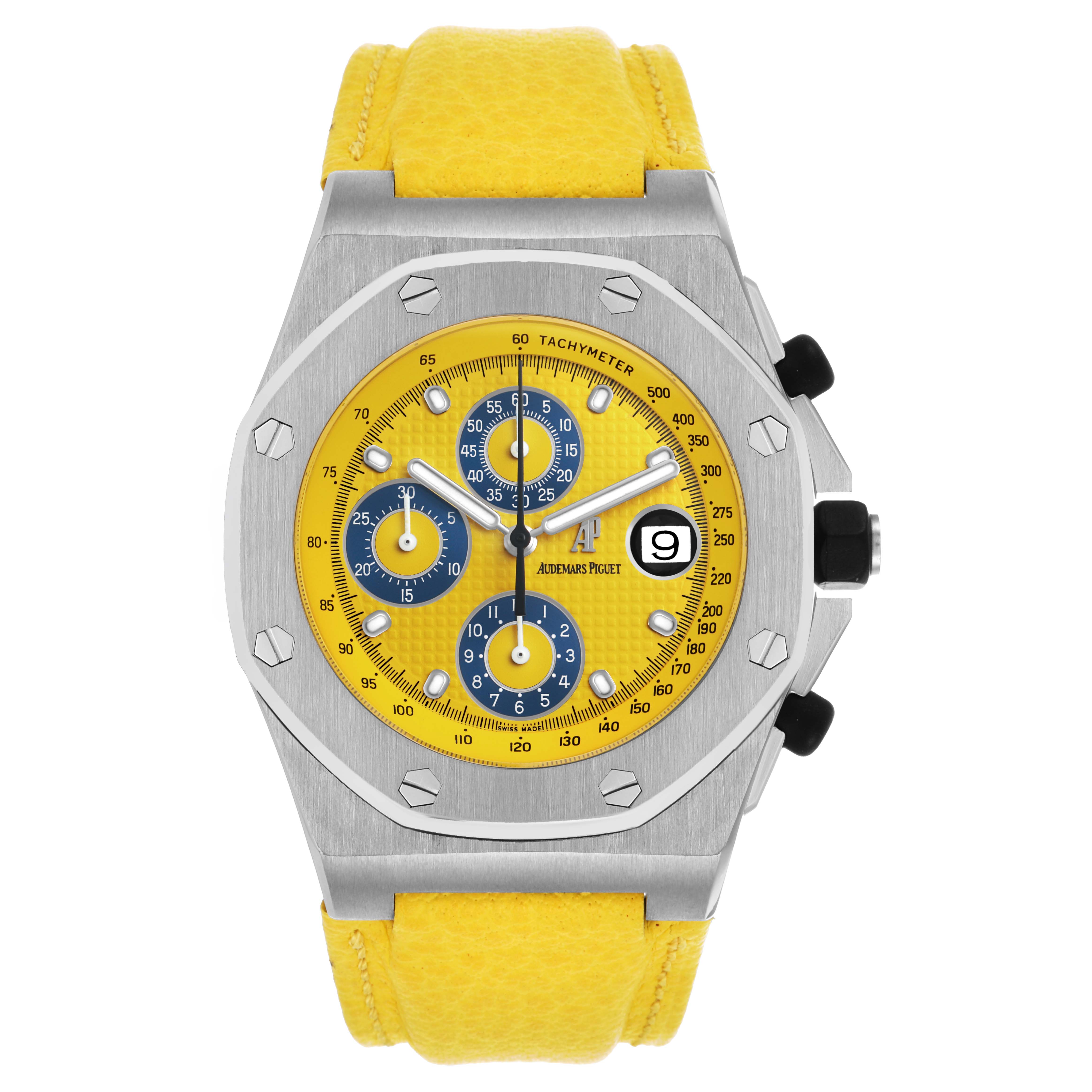 The Royal Oak Offshore by Audemars Piguet is shown from a top angle, highlighting its face, bezel, chronograph sub-dials, and yellow strap.