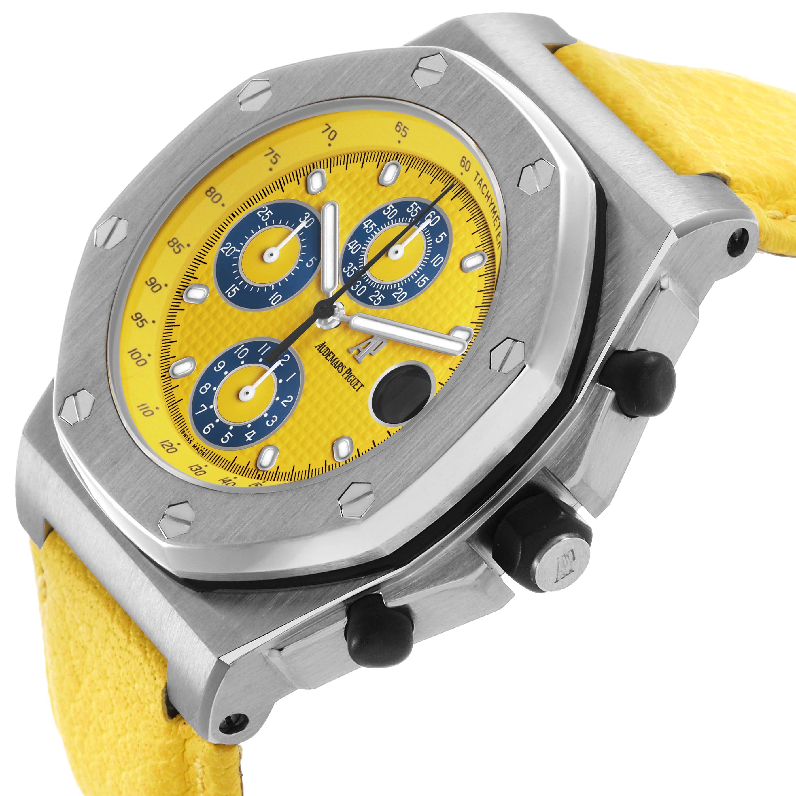 The image shows a side-angle view of the Audemars Piguet Royal Oak Offshore 25770ST Men's Stainless Steel Yellow Dial model, highlighting its yellow dial, blue subdials, and yellow strap.