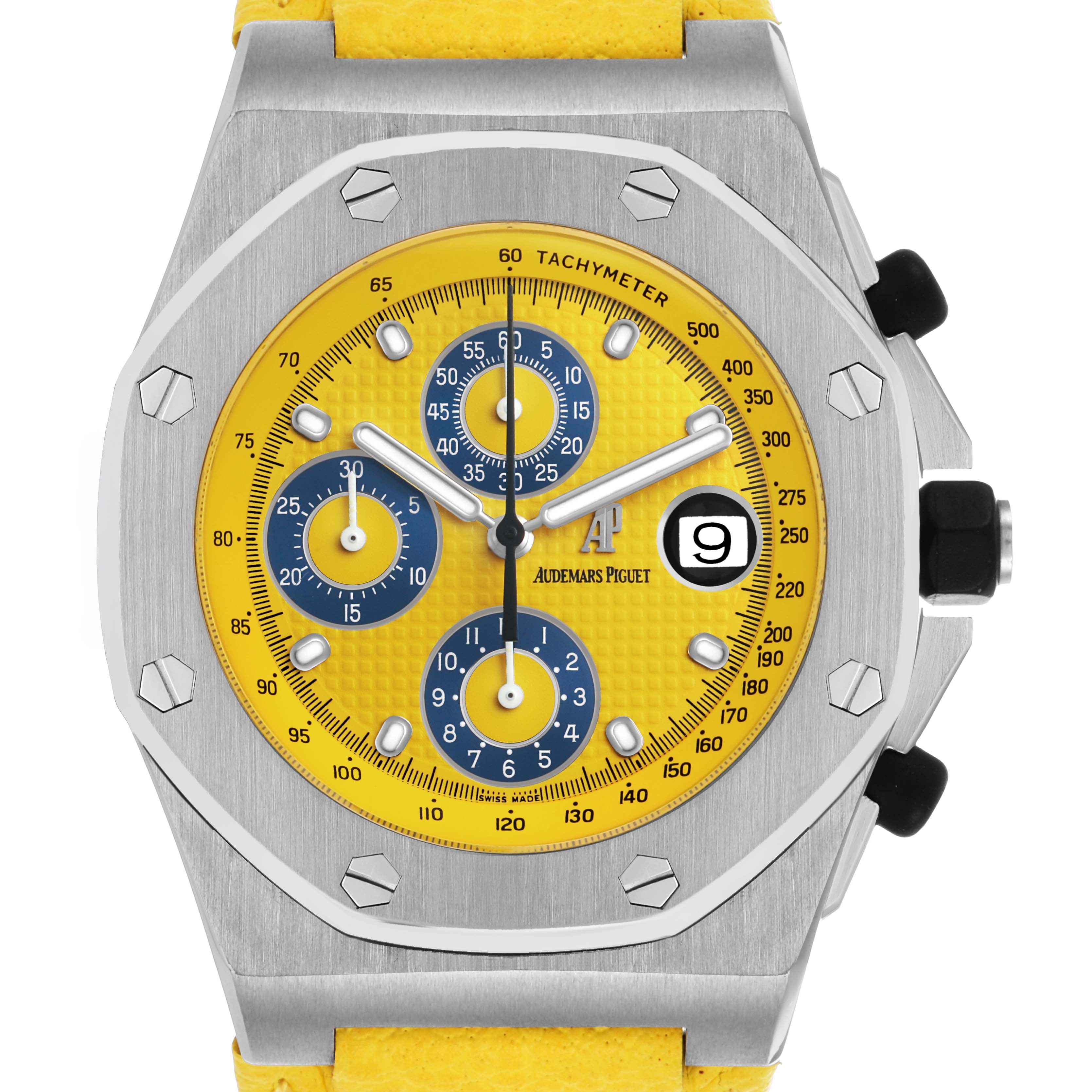 The image shows a front view of the Audemars Piguet Royal Oak Offshore 25770ST Men's Stainless Steel Yellow Dial, highlighting the yellow dial, tachymeter, subdials, and date display.