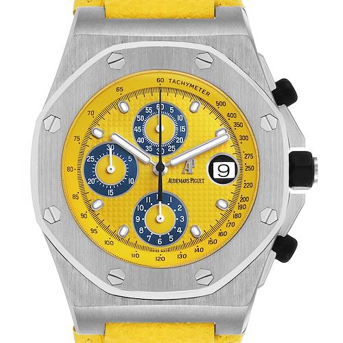 The Audemars Piguet Royal Oak Offshore 25770ST Men's Stainless Steel Yellow Dial watch is shown from the front, highlighting its yellow dial, subdials, and bezel.