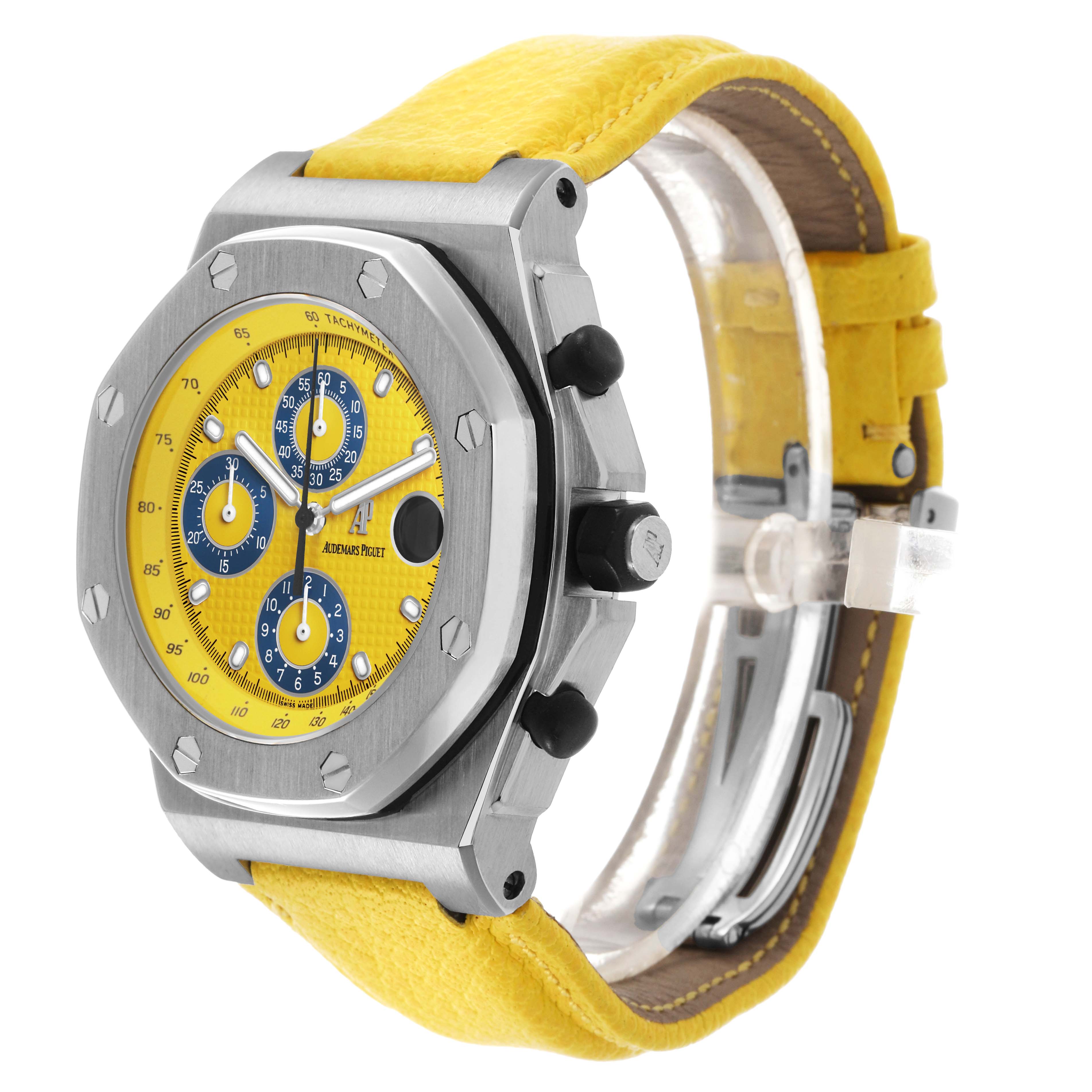 The image shows a side angle of the Audemars Piguet Royal Oak Offshore 25770ST Men's Stainless Steel Yellow Dial, highlighting its yellow strap and bold, yellow dial.
