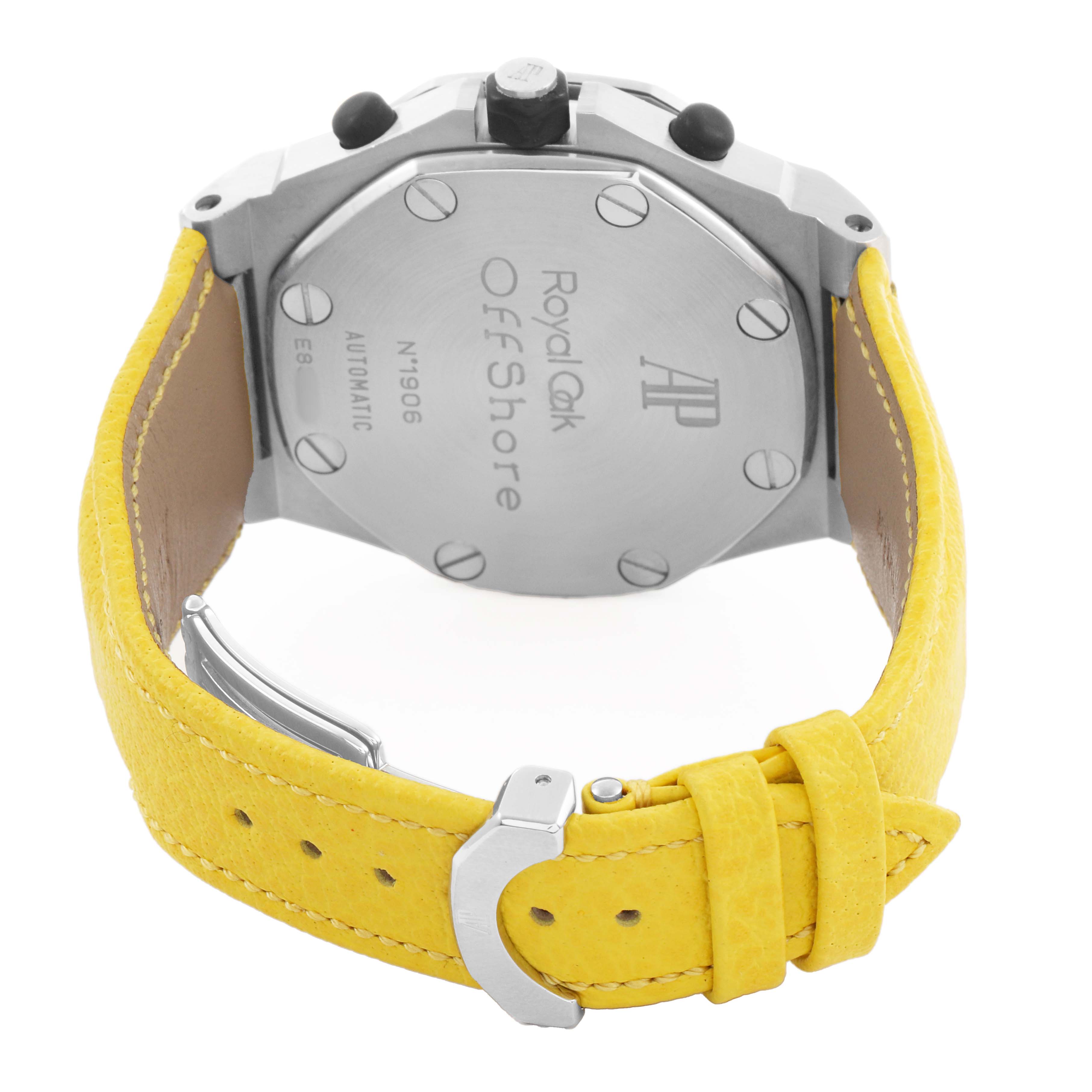 The image shows the back case and clasp of an Audemars Piguet Royal Oak Offshore 25770ST Men's Stainless Steel Yellow Dial watch with a yellow strap.