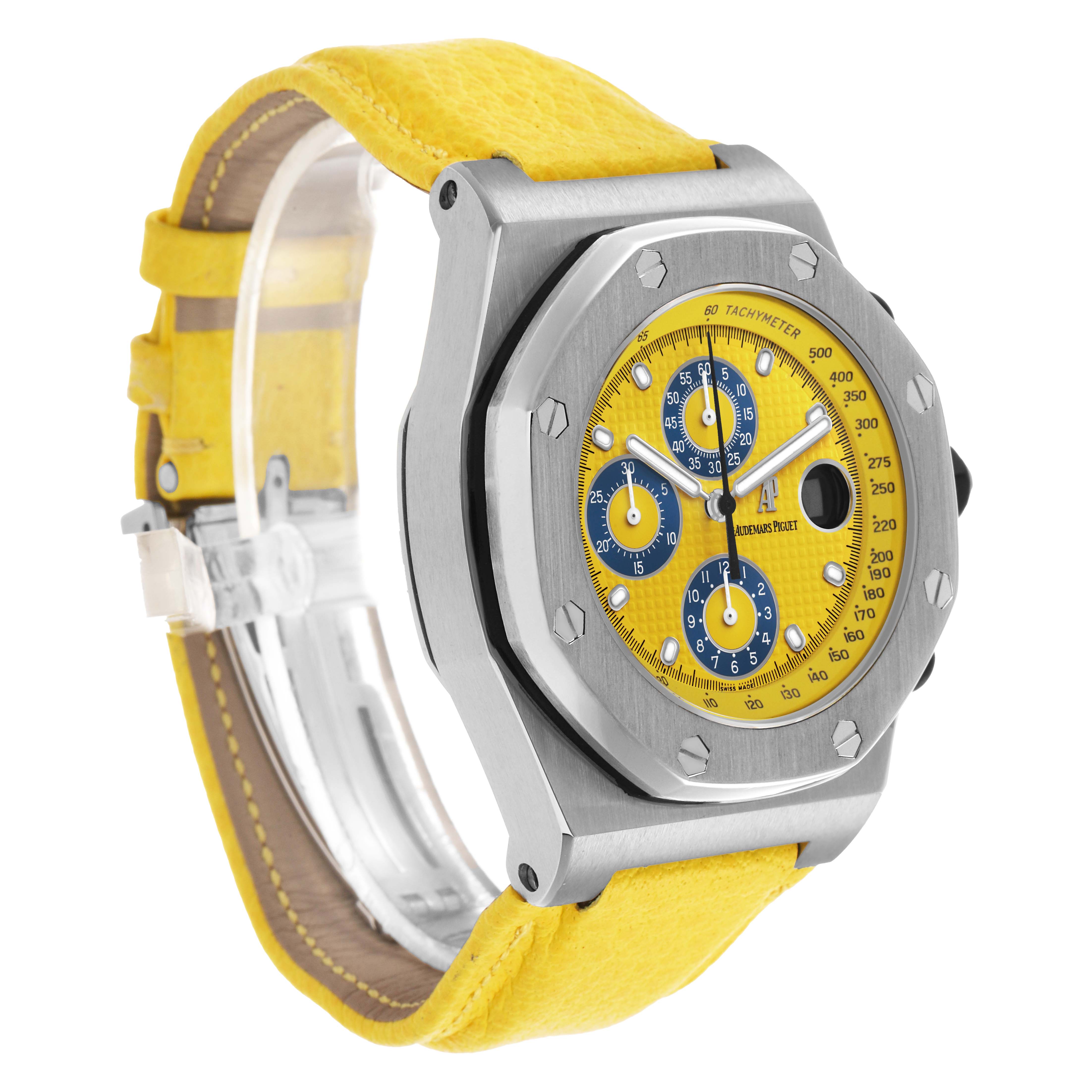 The image shows a side view of an Audemars Piguet Royal Oak Offshore 25770ST Men's Stainless Steel Yellow Dial watch, highlighting the case, bezel, and yellow strap.