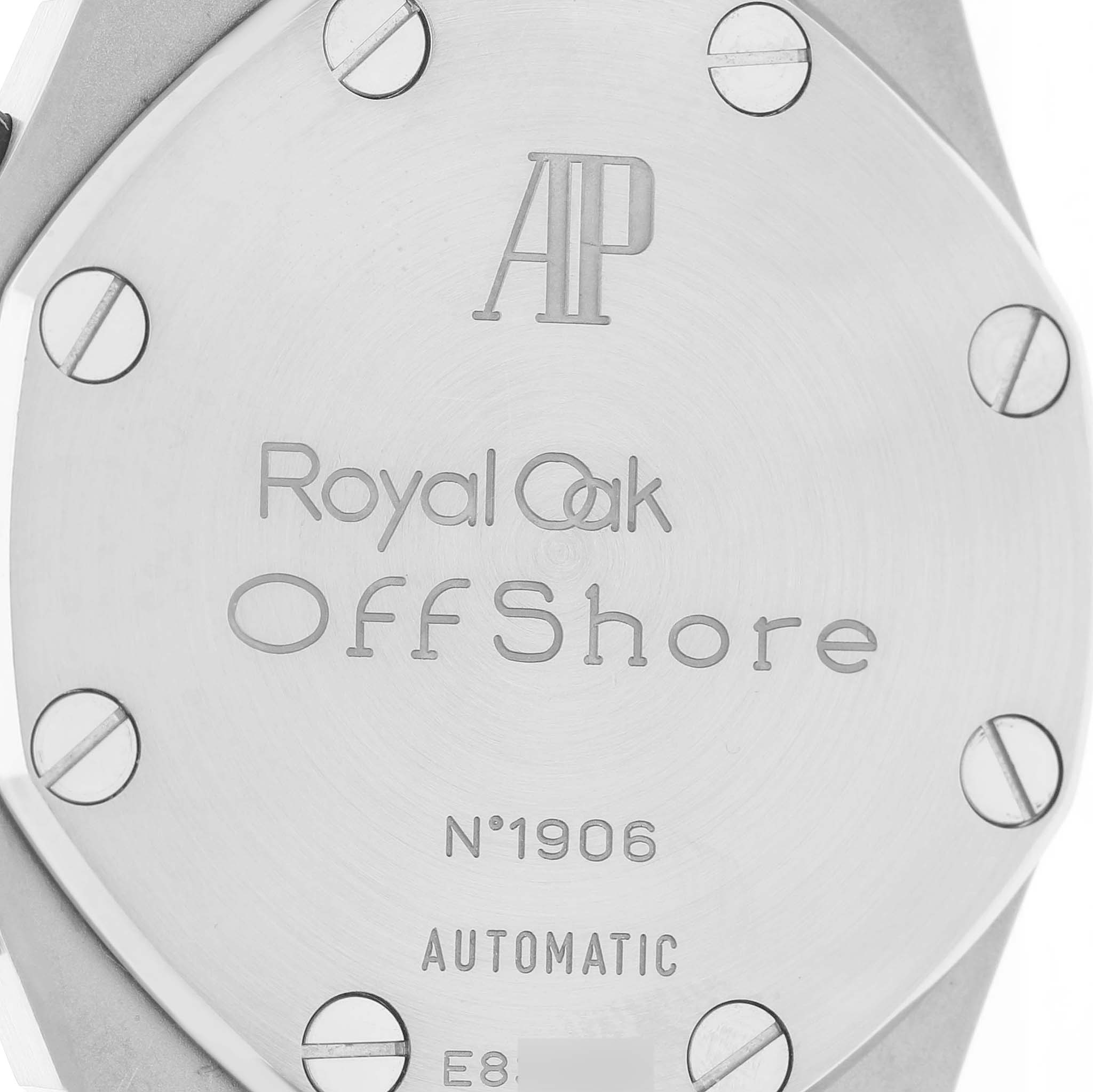 The image shows the back case of a Royal Oak Offshore by Audemars Piguet, highlighting the engraved logo and model details.
