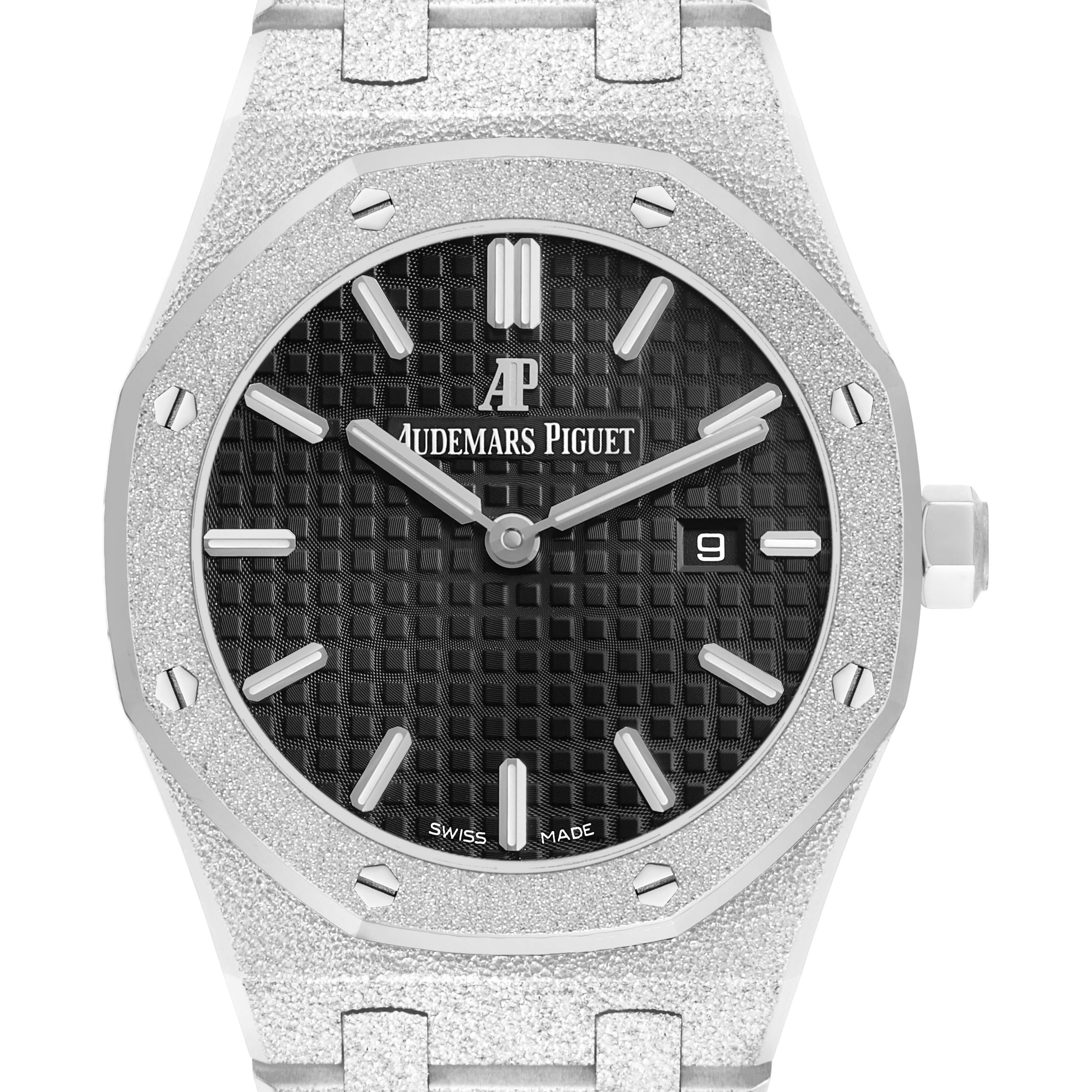 The Audemars Piguet Royal Oak 67653BC Women's White Gold Black Dial watch is shown from the front, highlighting the textured dial, hands, date window, and signature octagonal bezel.
