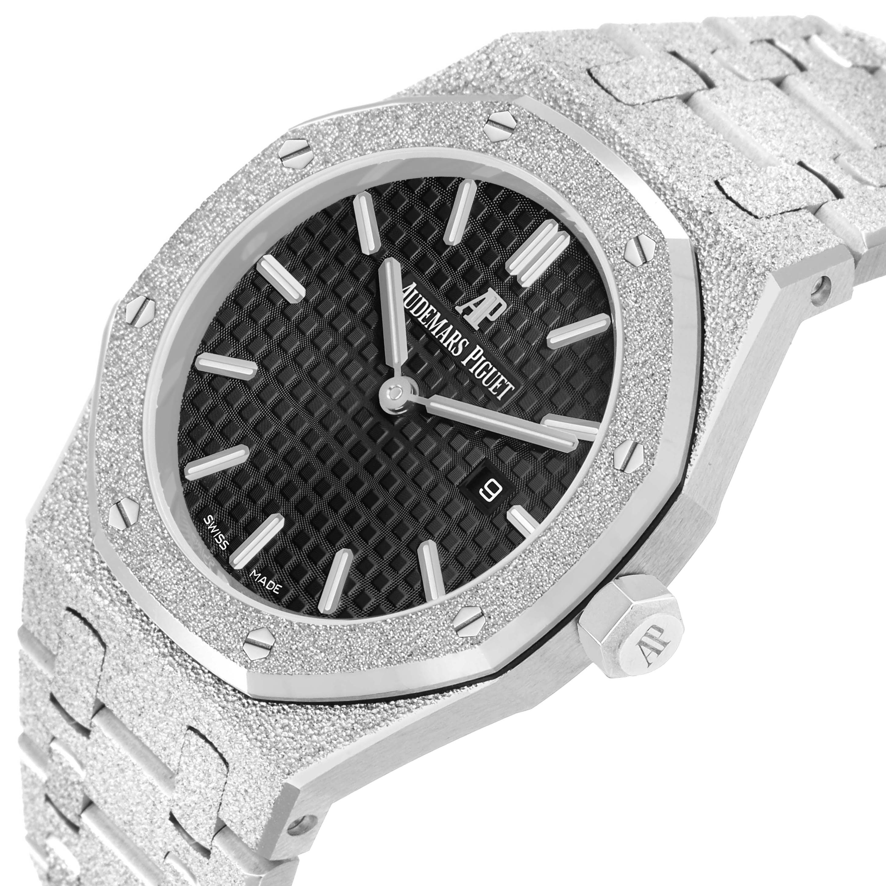 The Audemars Piguet Royal Oak 67653BC Women's White Gold Black Dial watch is shown at a slight angle, highlighting the textured bracelet, octagonal bezel, and dial.