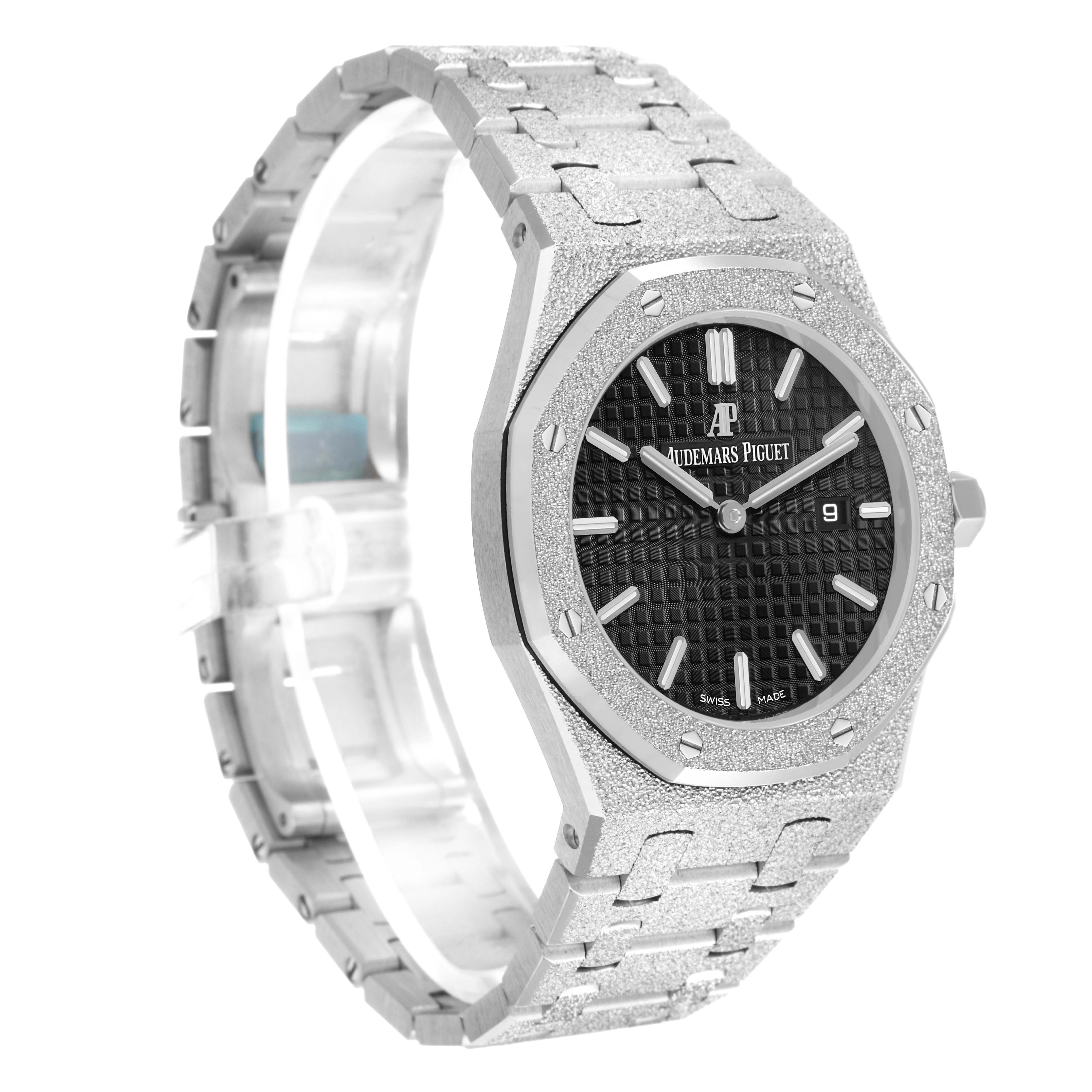 The image shows a side view of the Audemars Piguet Royal Oak 67653BC Women's White Gold Black Dial, highlighting the textured bezel, dial, and bracelet.