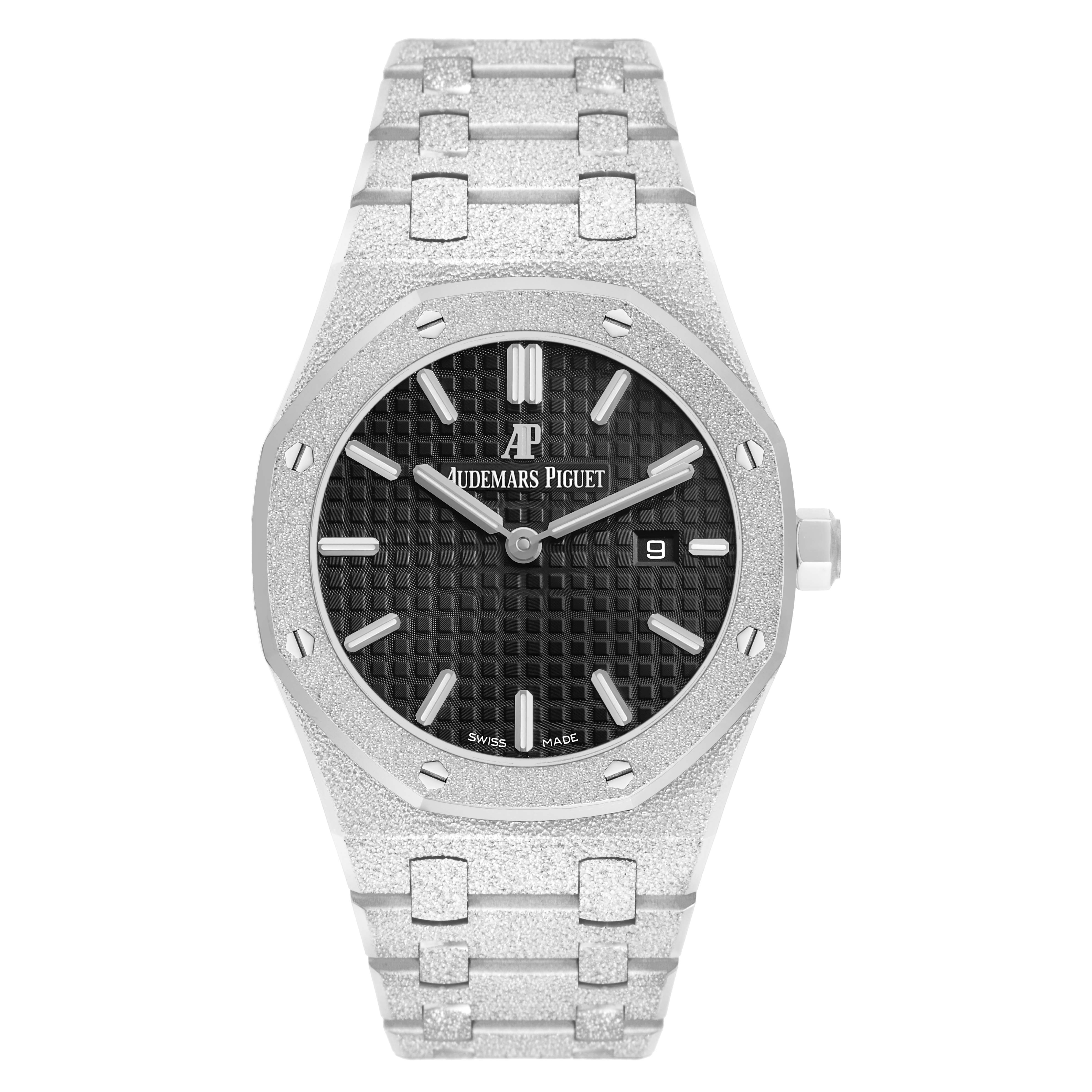 The image shows a front view of an Audemars Piguet Royal Oak 67653BC Women's White Gold Black Dial watch, highlighting the face, bezel, and bracelet.