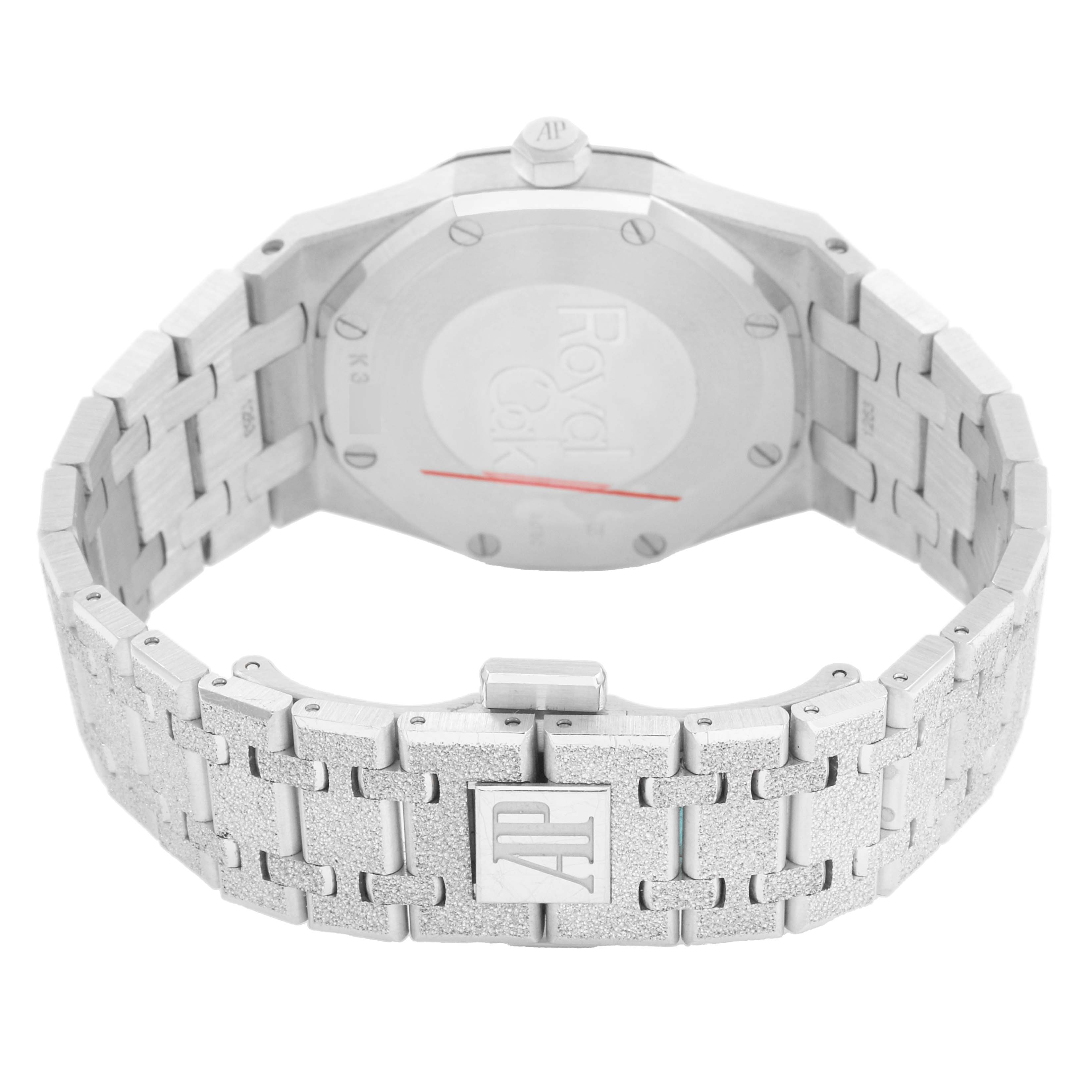The image shows the back view of an Audemars Piguet Royal Oak 67653BC Women's White Gold Black Dial, highlighting the case back and bracelet.
