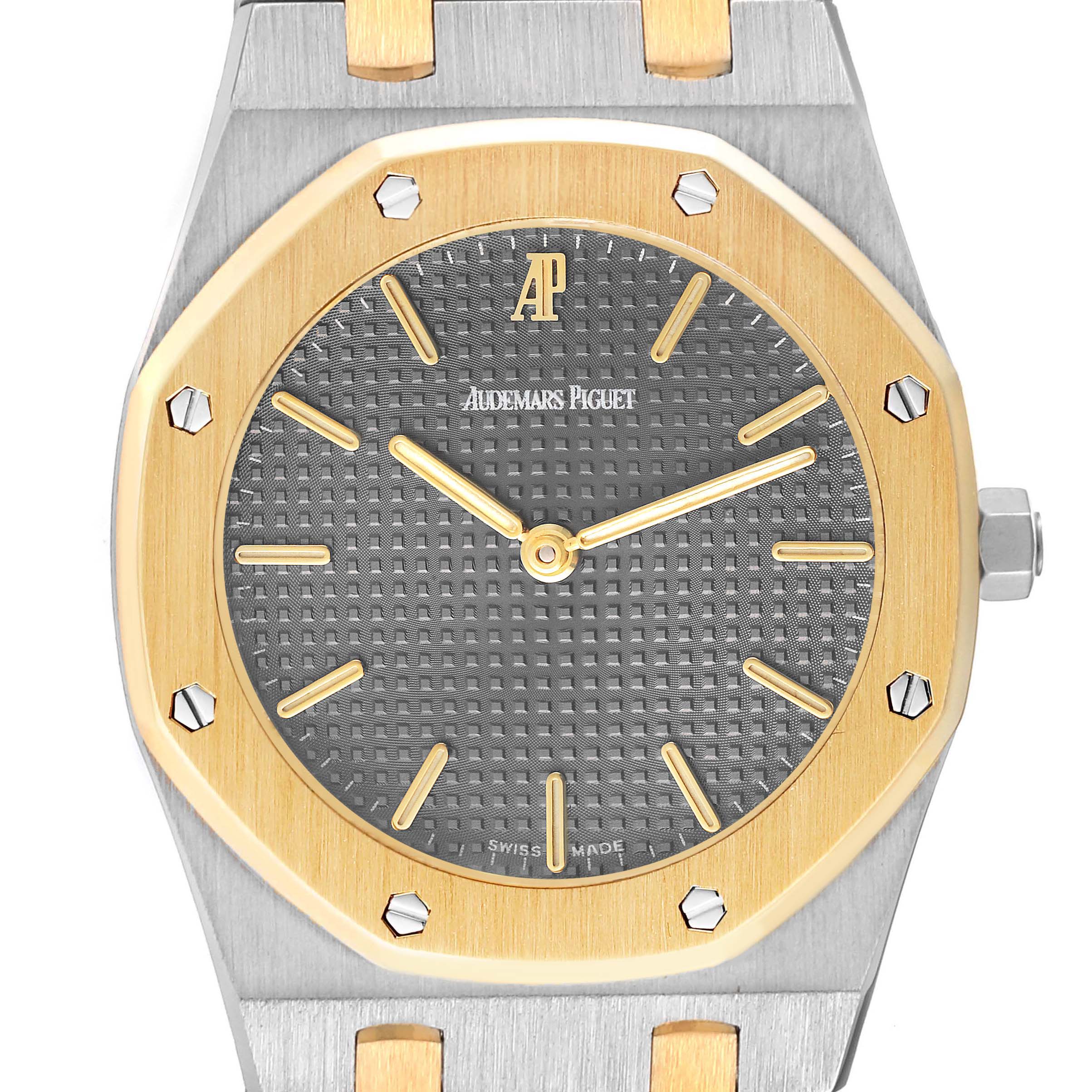 The image shows a front view of the Audemars Piguet Royal Oak 56303SA Men's Steel and Gold (two tone) Grey Dial 56303SA Men's Steel and Gold (two tone) Grey Dial watch, highlighting its dial, bezel, and part of the bracelet.