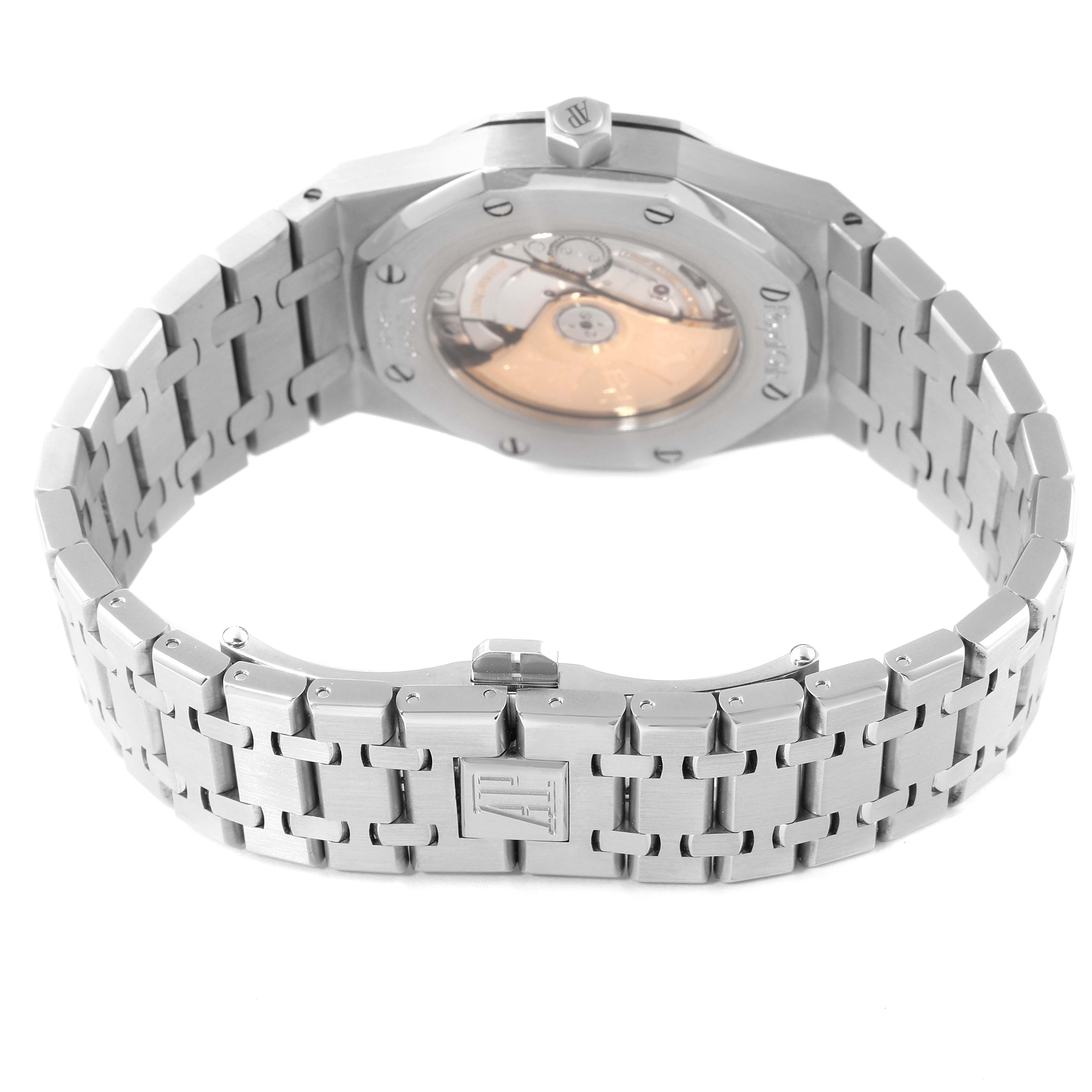 The image shows the back of an Audemars Piguet Royal Oak 15300ST.00.1220ST.01 Men's Stainless Steel White Dial 15300ST.00.1220ST.01 Men's Stainless Steel White Dial watch and its metal bracelet, highlighting the clasp and exhibition case back.