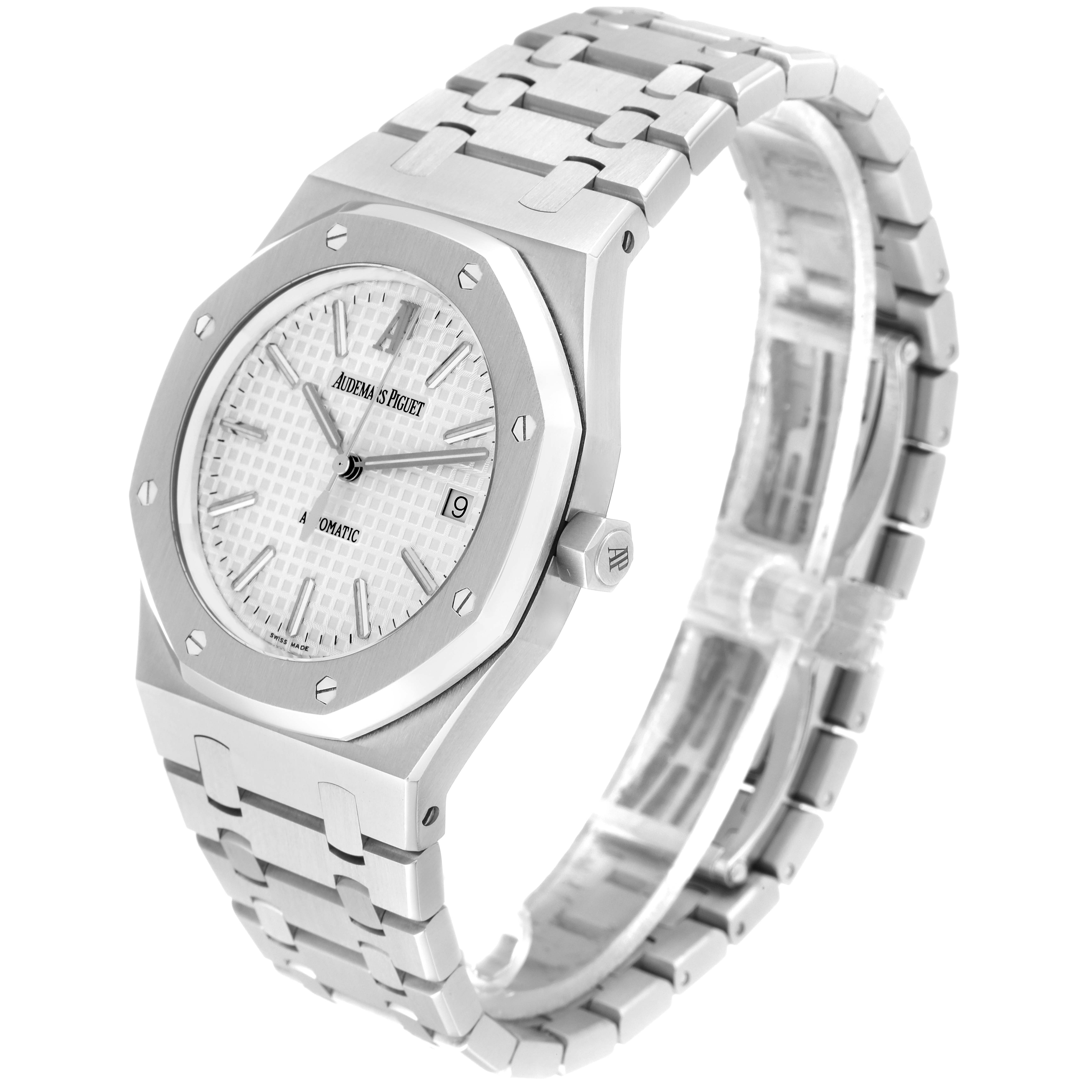 The image shows a Royal Oak model by Audemars Piguet from a side-front angle, highlighting the dial, bezel, crown, and bracelet.
