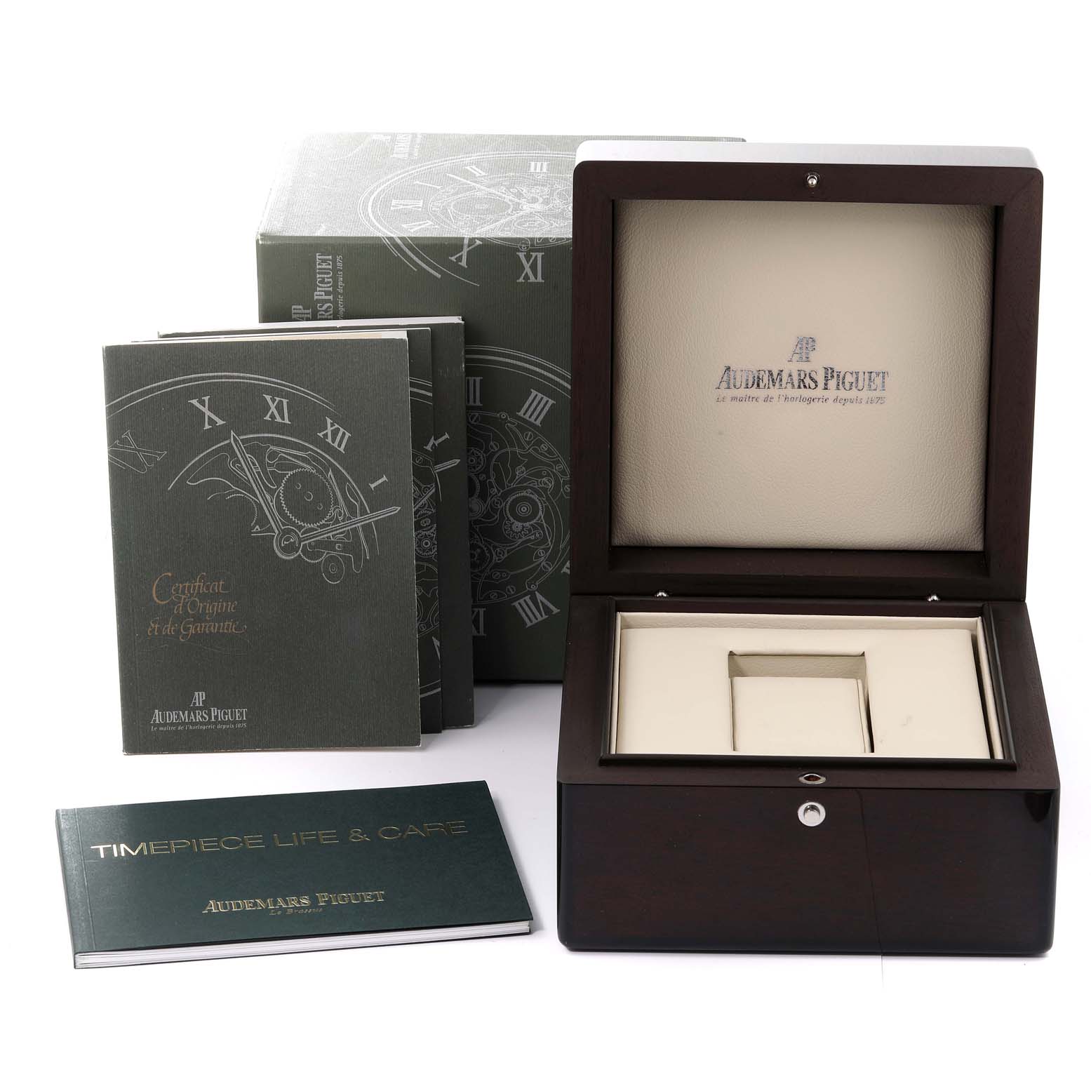 The image shows the packaging, manuals, and presentation box for the Audemars Piguet Royal Oak 15300ST.00.1220ST.01 Men's Stainless Steel White Dial 15300ST.00.1220ST.01 Men's Stainless Steel White Dial watch.