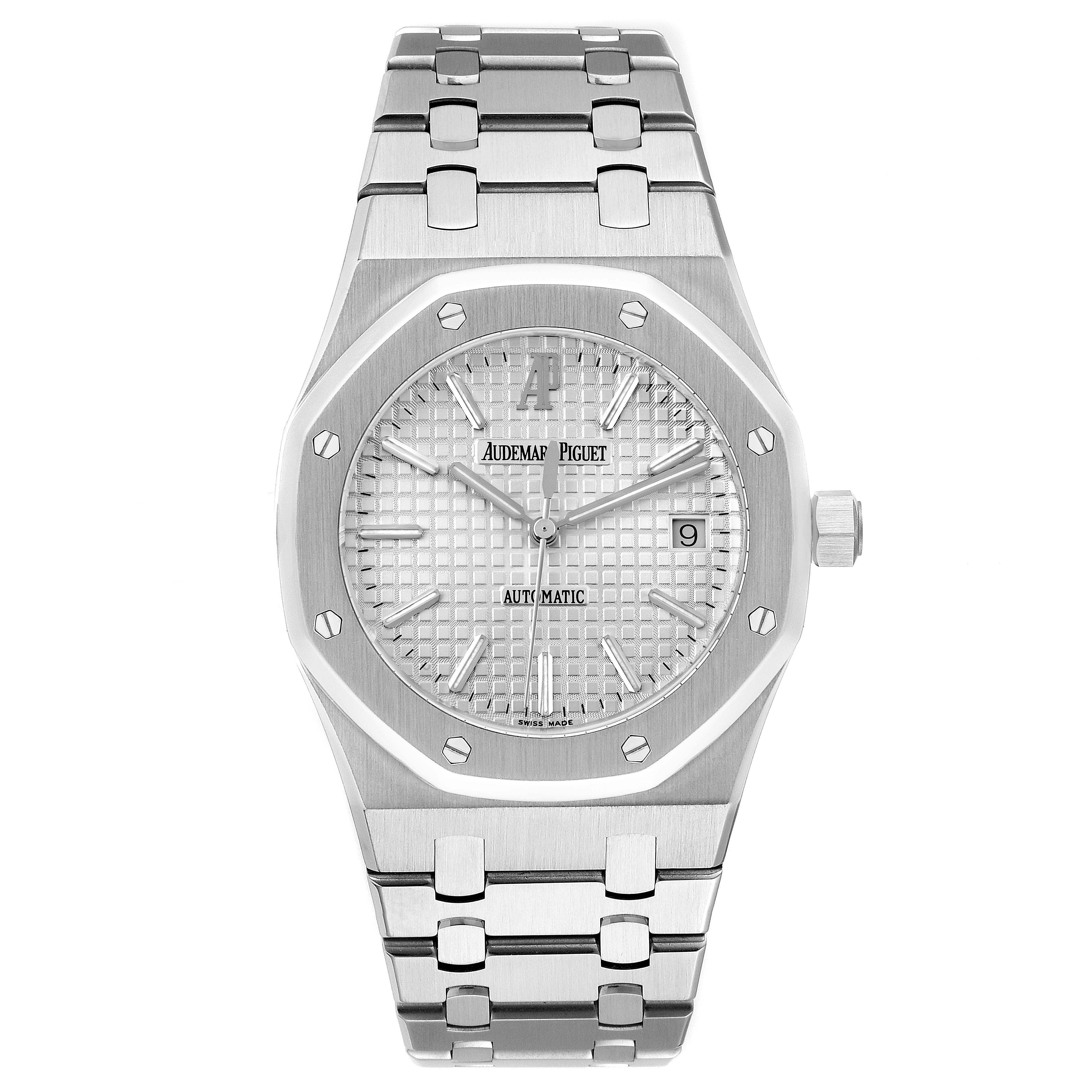 The image shows a front view of an Audemars Piguet Royal Oak 15300ST.00.1220ST.01 Men's Stainless Steel White Dial 15300ST.00.1220ST.01 Men's Stainless Steel White Dial watch, displaying its dial, bezel, and bracelet.