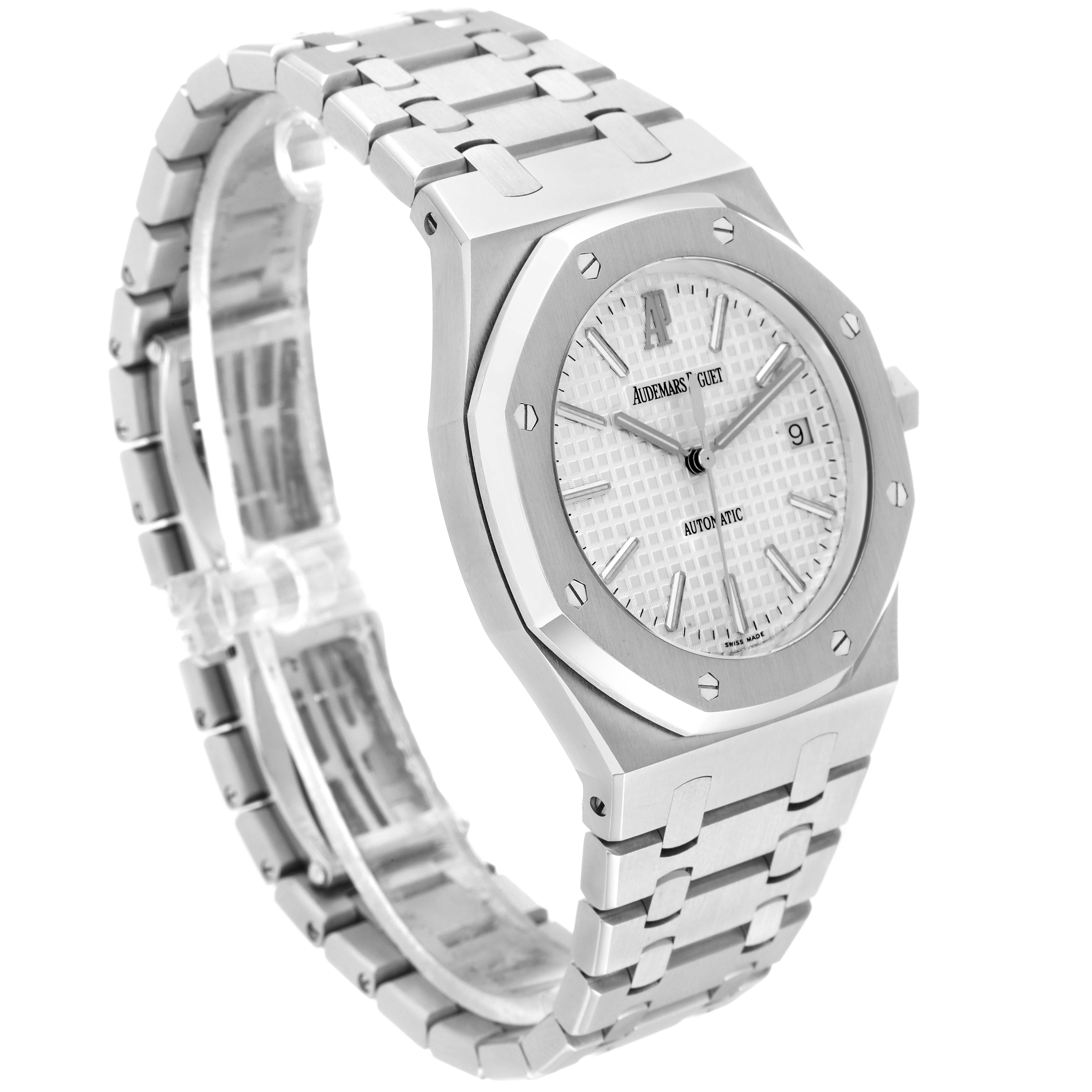 The image shows a Royal Oak by Audemars Piguet viewed at an angle, highlighting the watch face, bezel, lugs, and bracelet.
