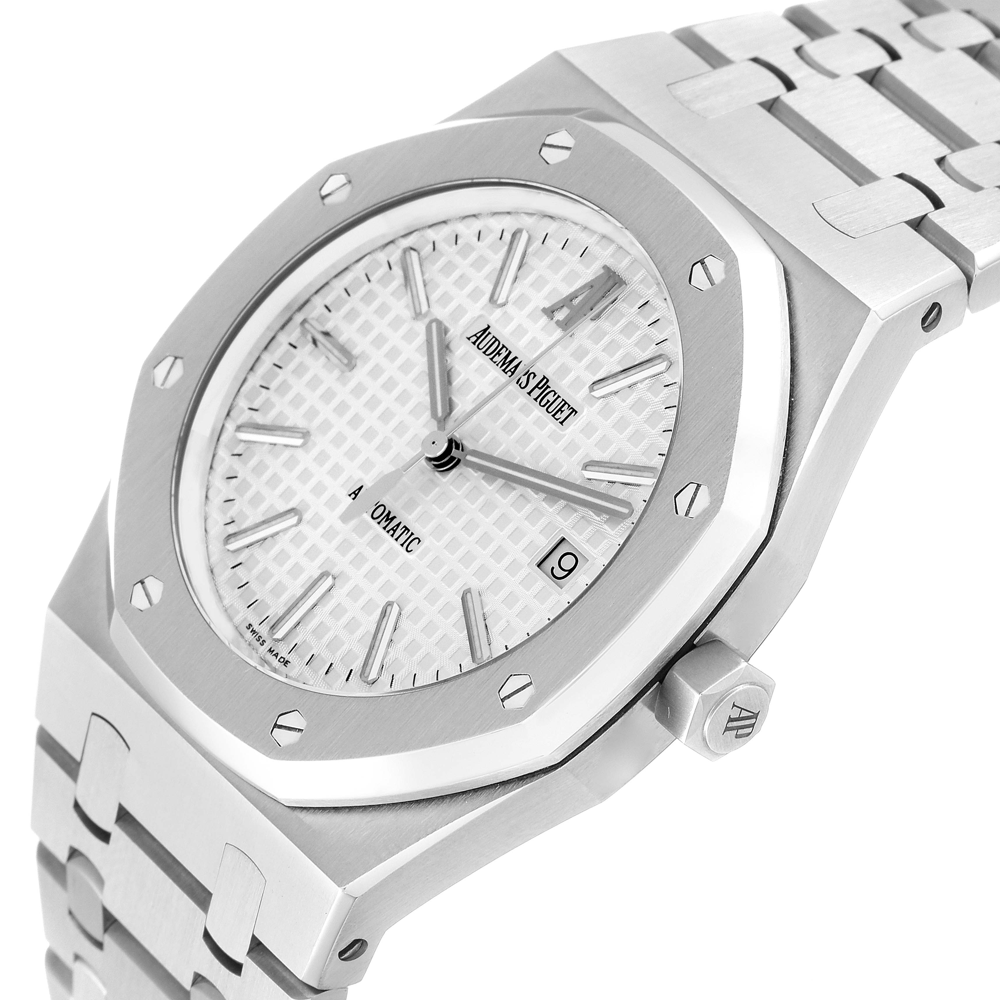 The image shows a close-up, angled view of the Audemars Piguet Royal Oak 15300ST.00.1220ST.01 Men's Stainless Steel White Dial 15300ST.00.1220ST.01 Men's Stainless Steel White Dial watch, highlighting the face, bezel, and part of the bracelet.