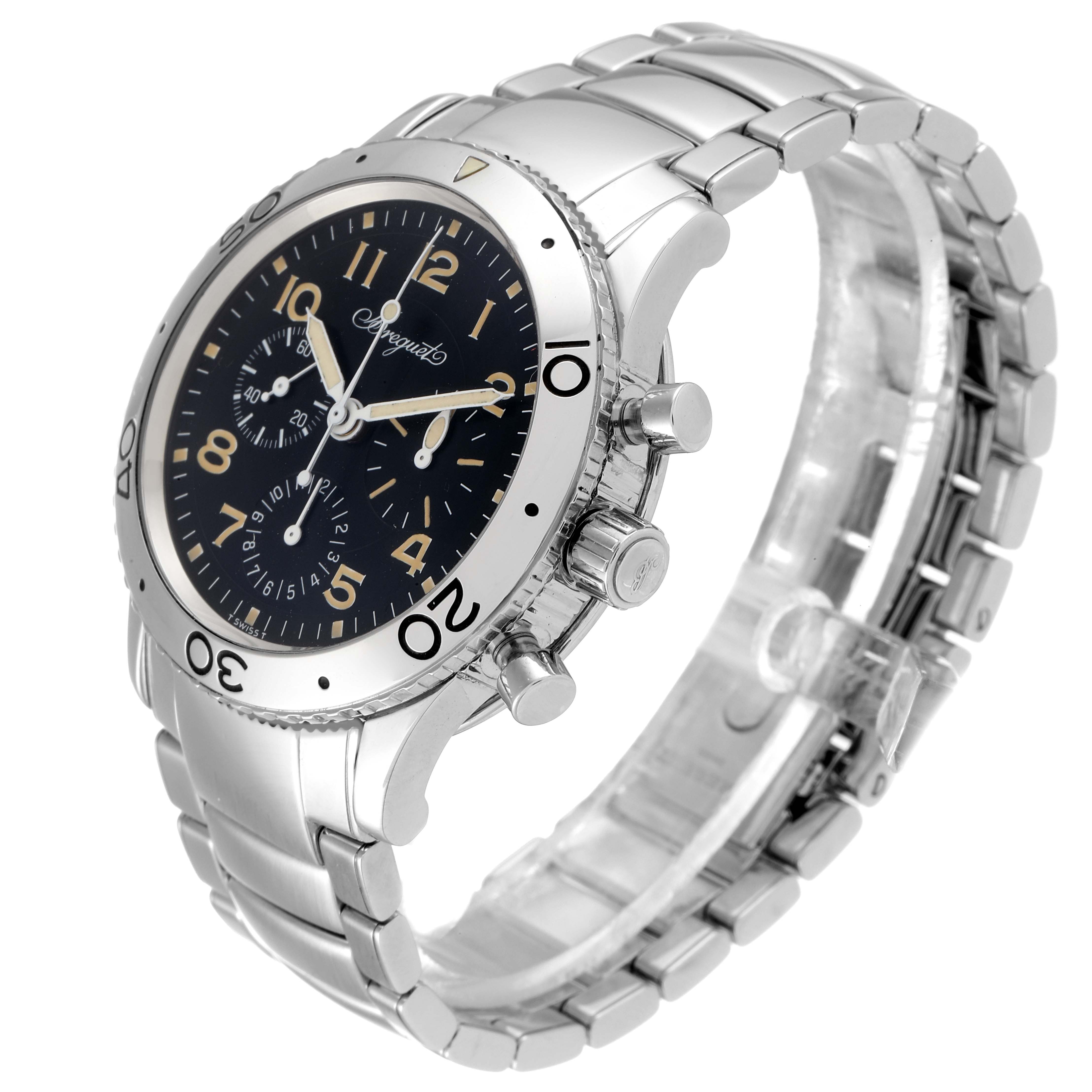 The Breguet Type XX - XXI - XXII 3800ST/92/9W6 Men's Stainless Steel Black Dial 3800ST/92/9W6 Men's Stainless Steel Black Dial watch is shown from a 3/4 angle, displaying its face, crown, and stainless steel bracelet.