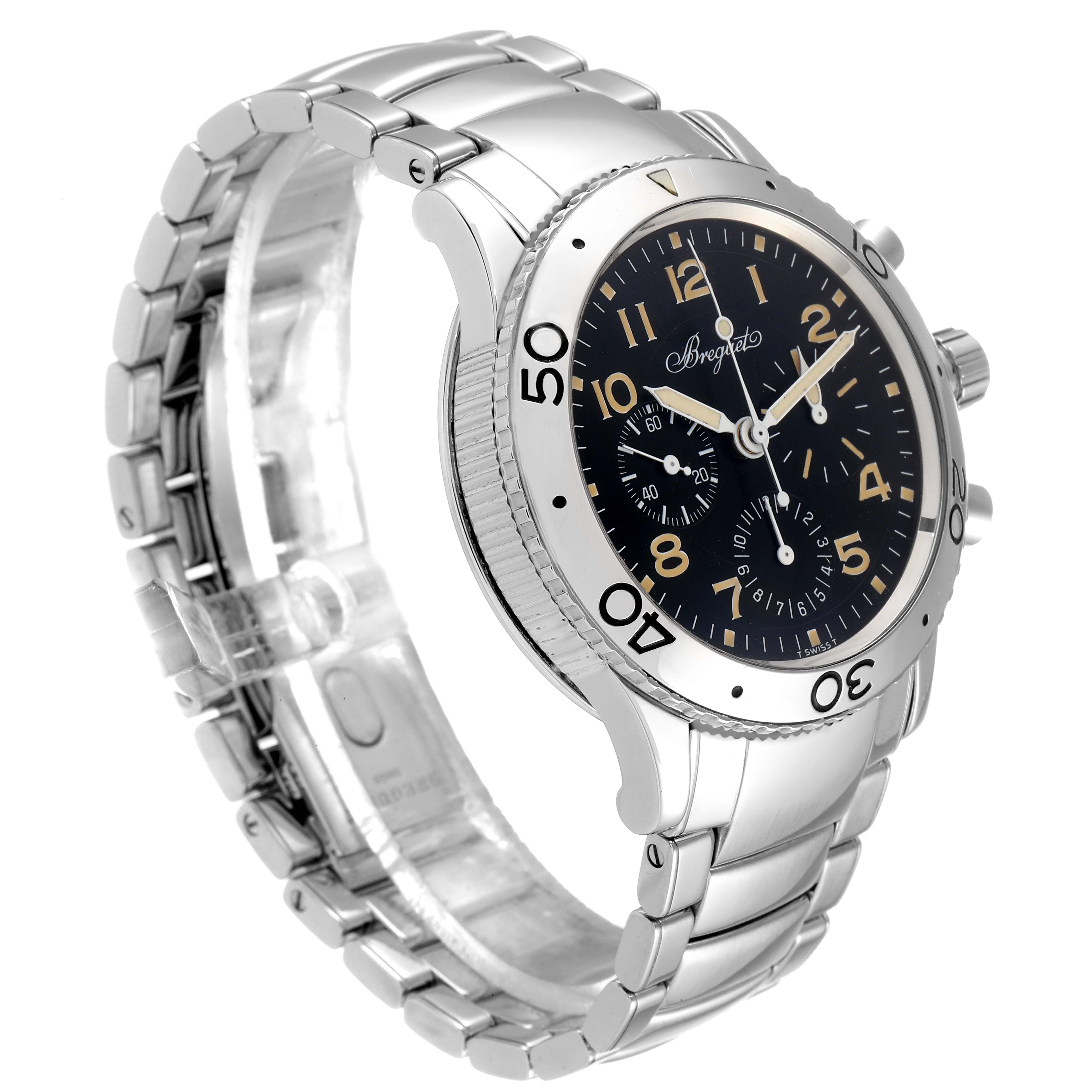 The Breguet Type XX - XXI - XXII 3800ST/92/9W6 Men's Stainless Steel Black Dial 3800ST/92/9W6 Men's Stainless Steel Black Dial watch is shown at a three-quarter angle, highlighting its bezel, dial, crown, chronograph pushers, and metal bracelet.