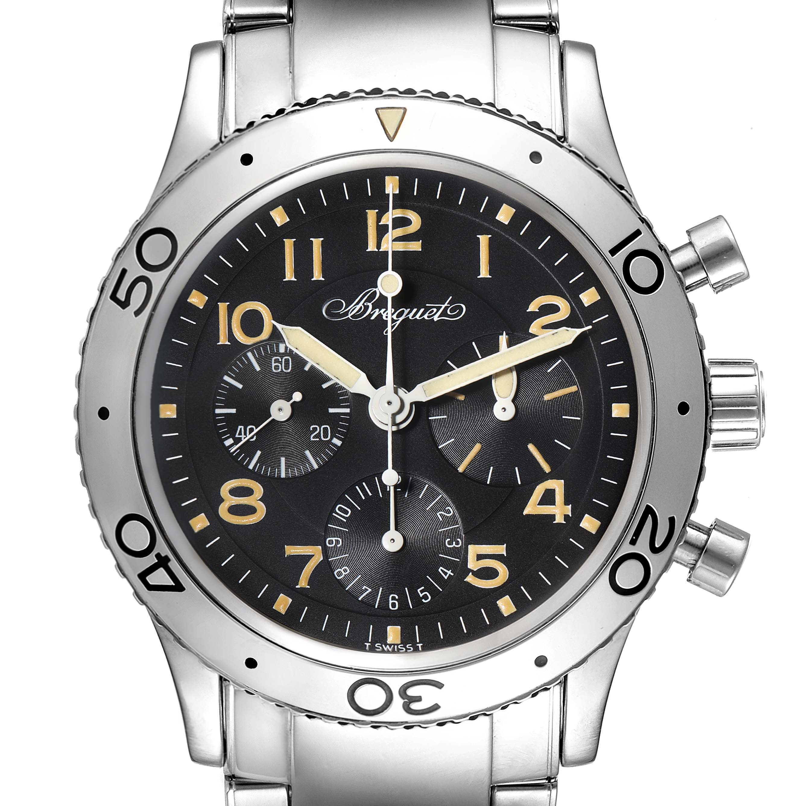 This image shows a Breguet Type XX - XXI - XXII 3800ST/92/9W6 Men's Stainless Steel Black Dial 3800ST/92/9W6 Men's Stainless Steel Black Dial model watch from a front angle, displaying the dial, bezel, and part of the metal bracelet.