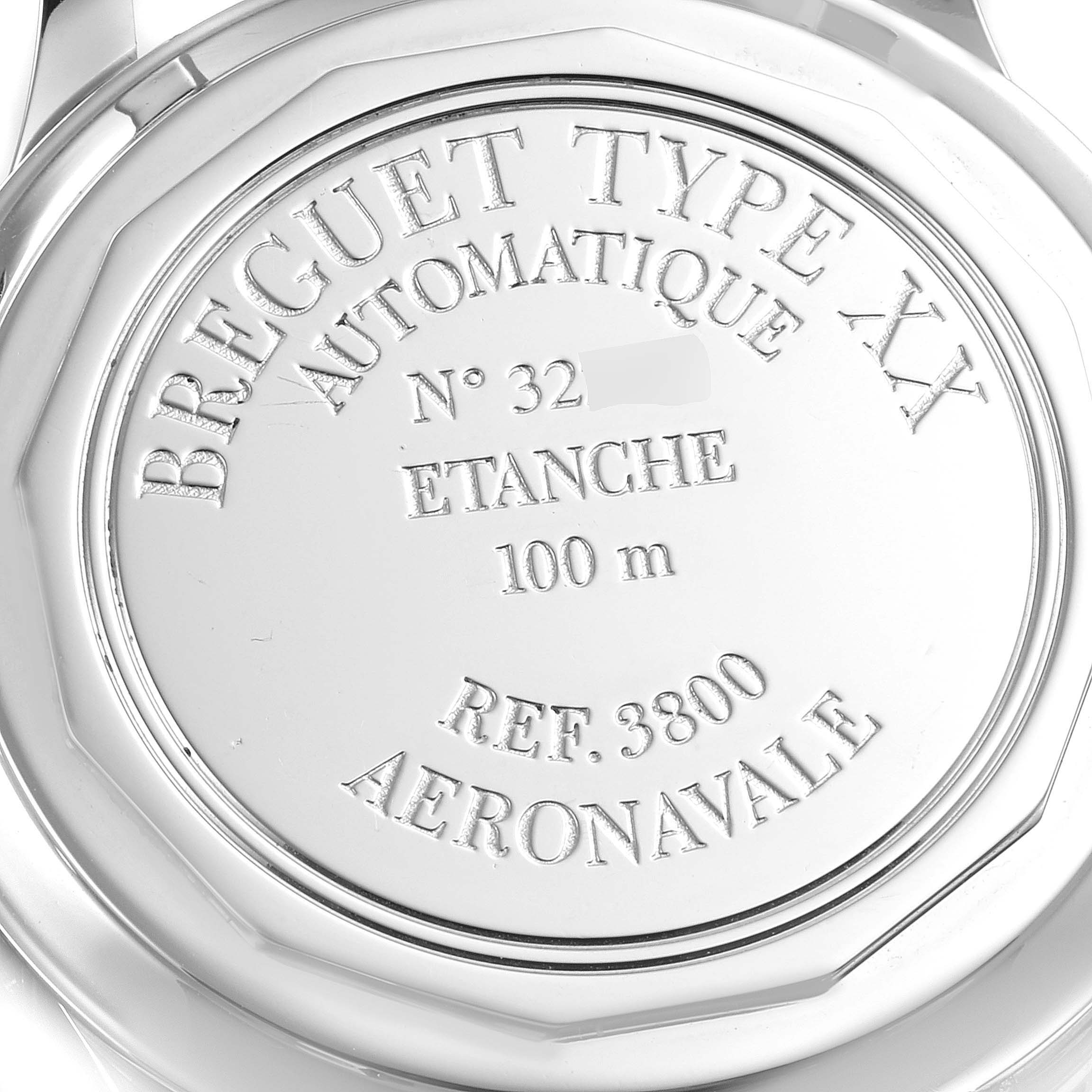 This image shows the case back of a Breguet Type XX watch, revealing model details and water resistance specifications.