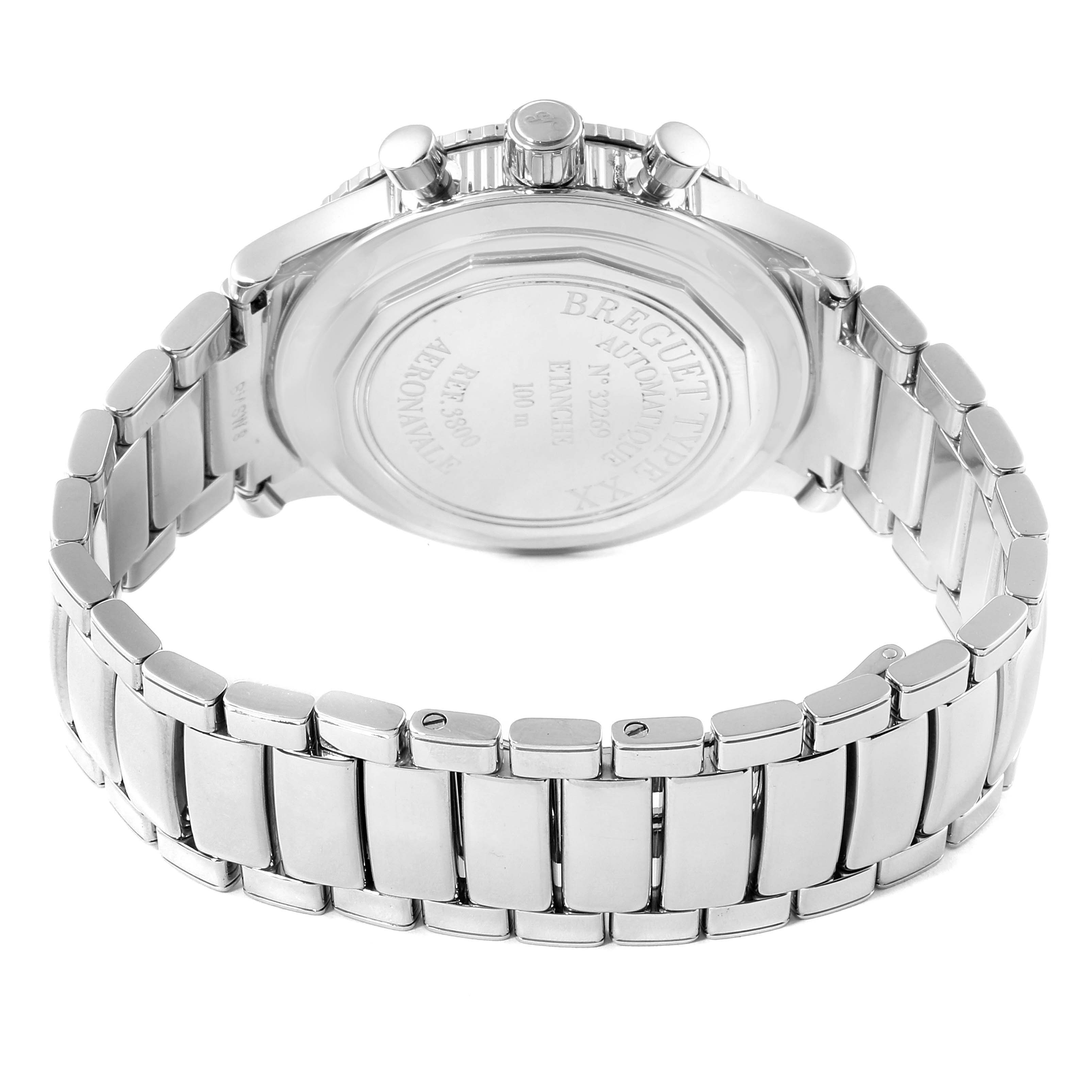 The image shows the back case and metal bracelet of a Breguet Type XX - XXI - XXII 3800ST/92/9W6 Men's Stainless Steel Black Dial 3800ST/92/9W6 Men's Stainless Steel Black Dial watch, viewed from the rear.