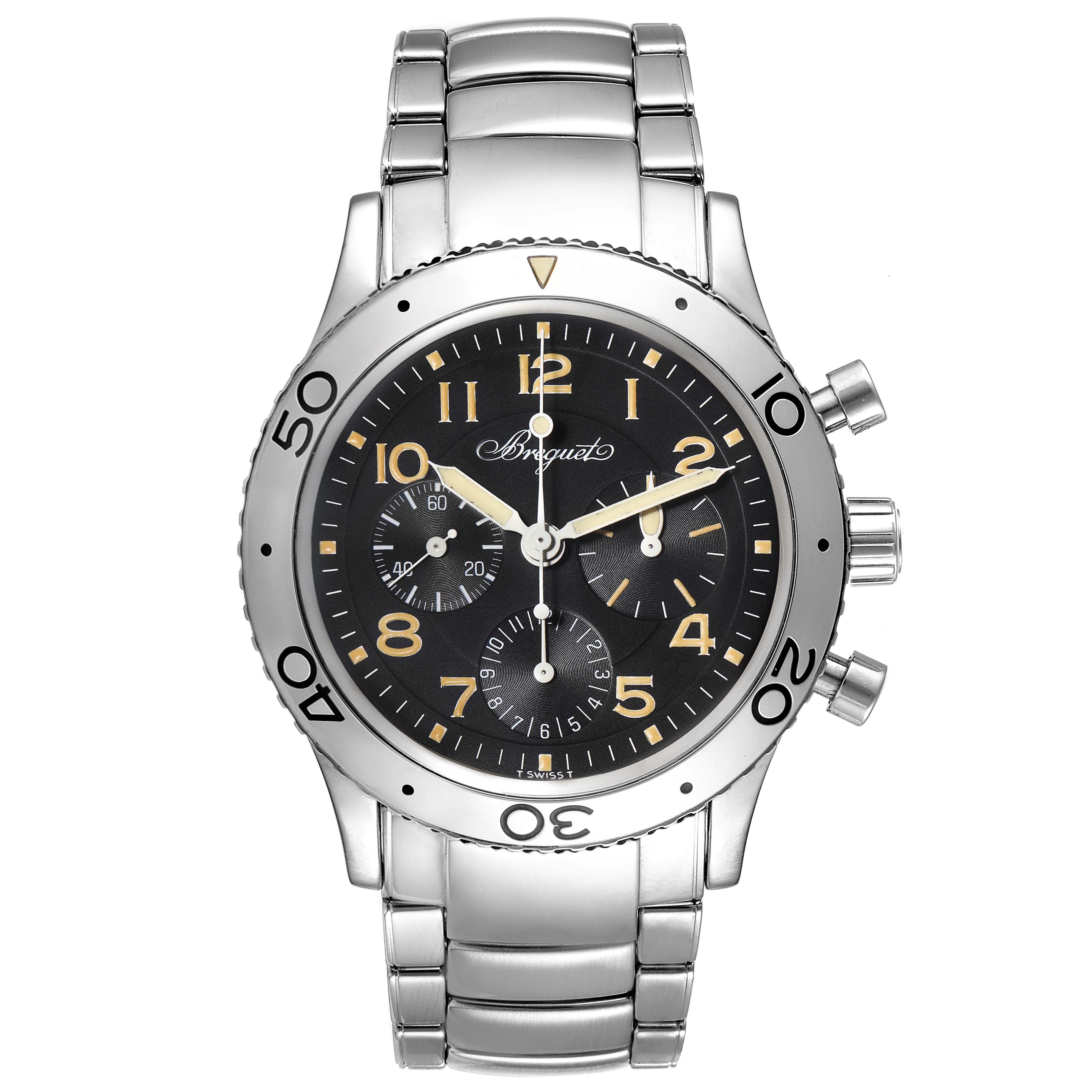 The image shows a Breguet Type XX - XXI - XXII 3800ST/92/9W6 Men's Stainless Steel Black Dial 3800ST/92/9W6 Men's Stainless Steel Black Dial model watch from a front angle, highlighting its face, bezel, and bracelet.