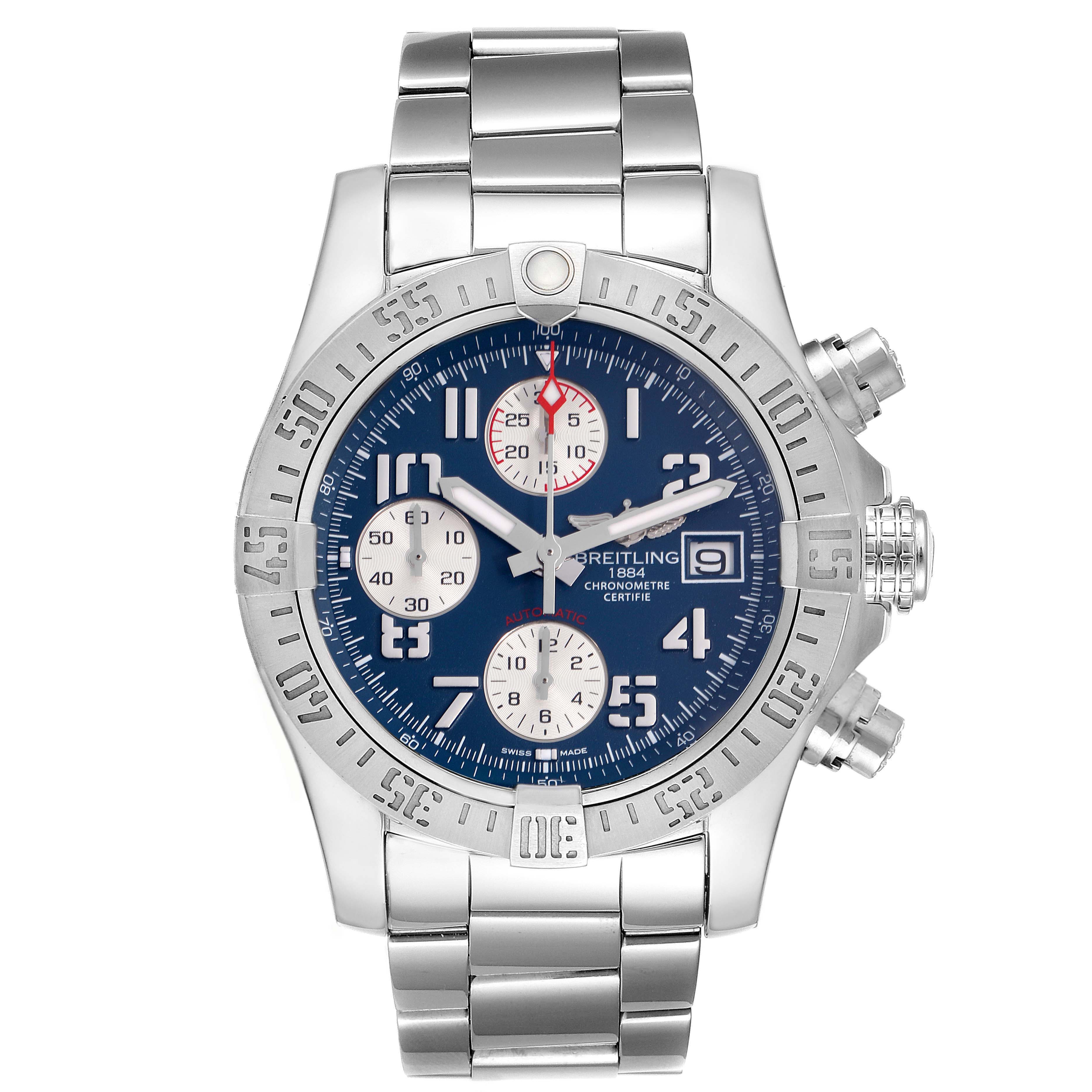 The Breitling Avenger A13381 Men
s Stainless Steel Blue Dial watch is shown from a front view, displaying the watch face, bezel, bracelet, and chronograph dials.