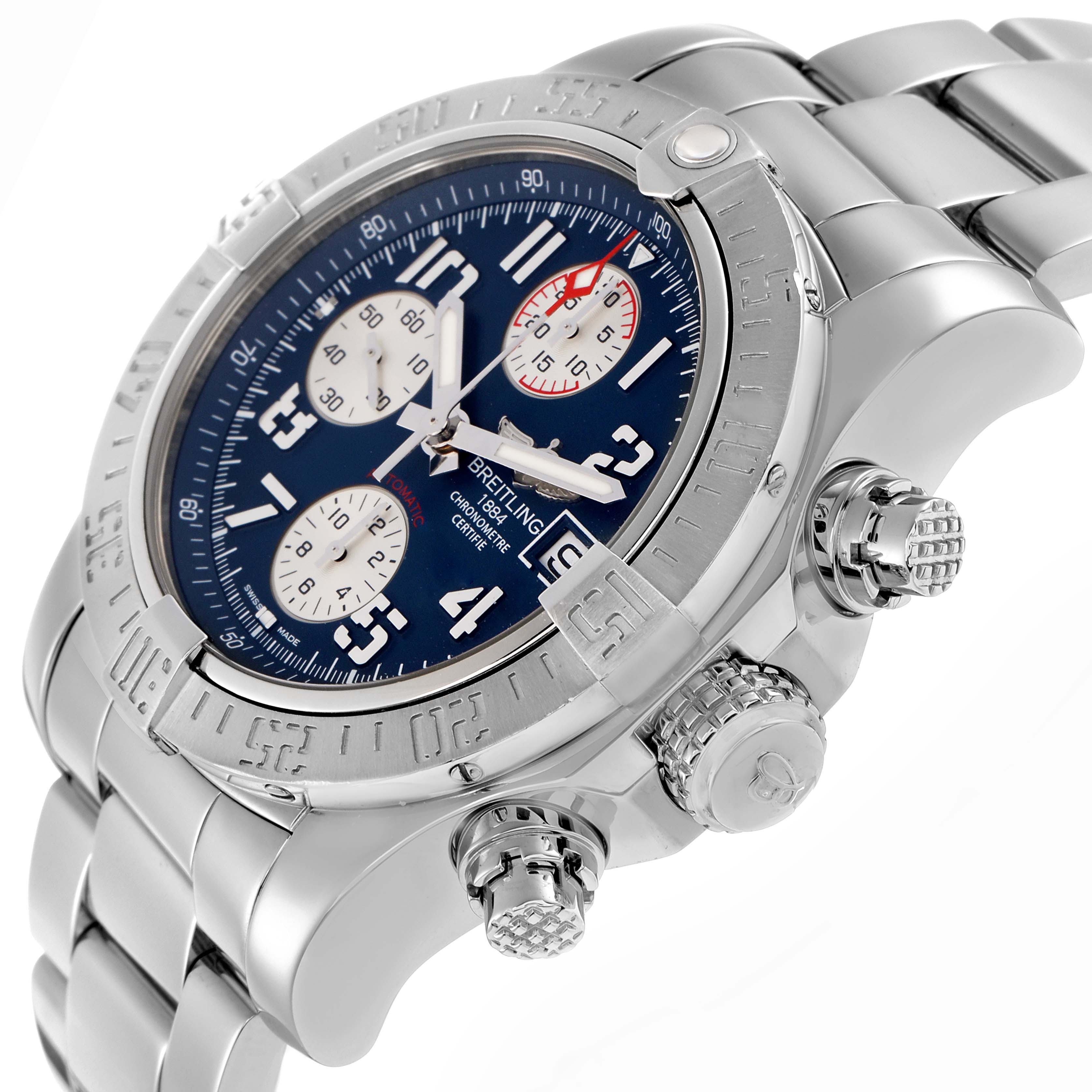 The Breitling Avenger A13381 Men
s Stainless Steel Blue Dial watch is shown at an angled close-up, highlighting the bezel, chronograph dials, and steel bracelet.