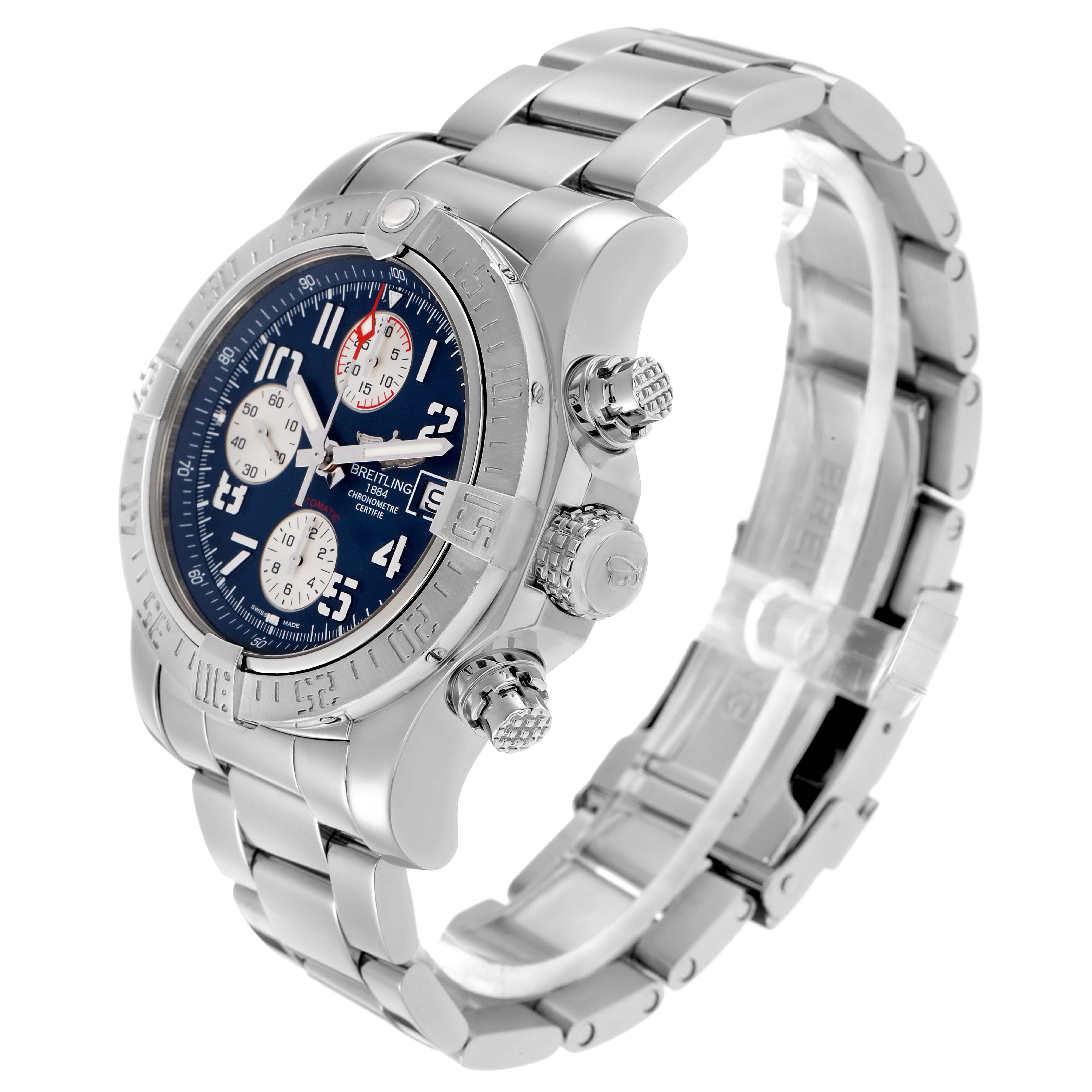 The Breitling Avenger A13381 Men
s Stainless Steel Blue Dial watch is shown at a three-quarter angle, displaying the face, bezel, crown, pushers, and bracelet.