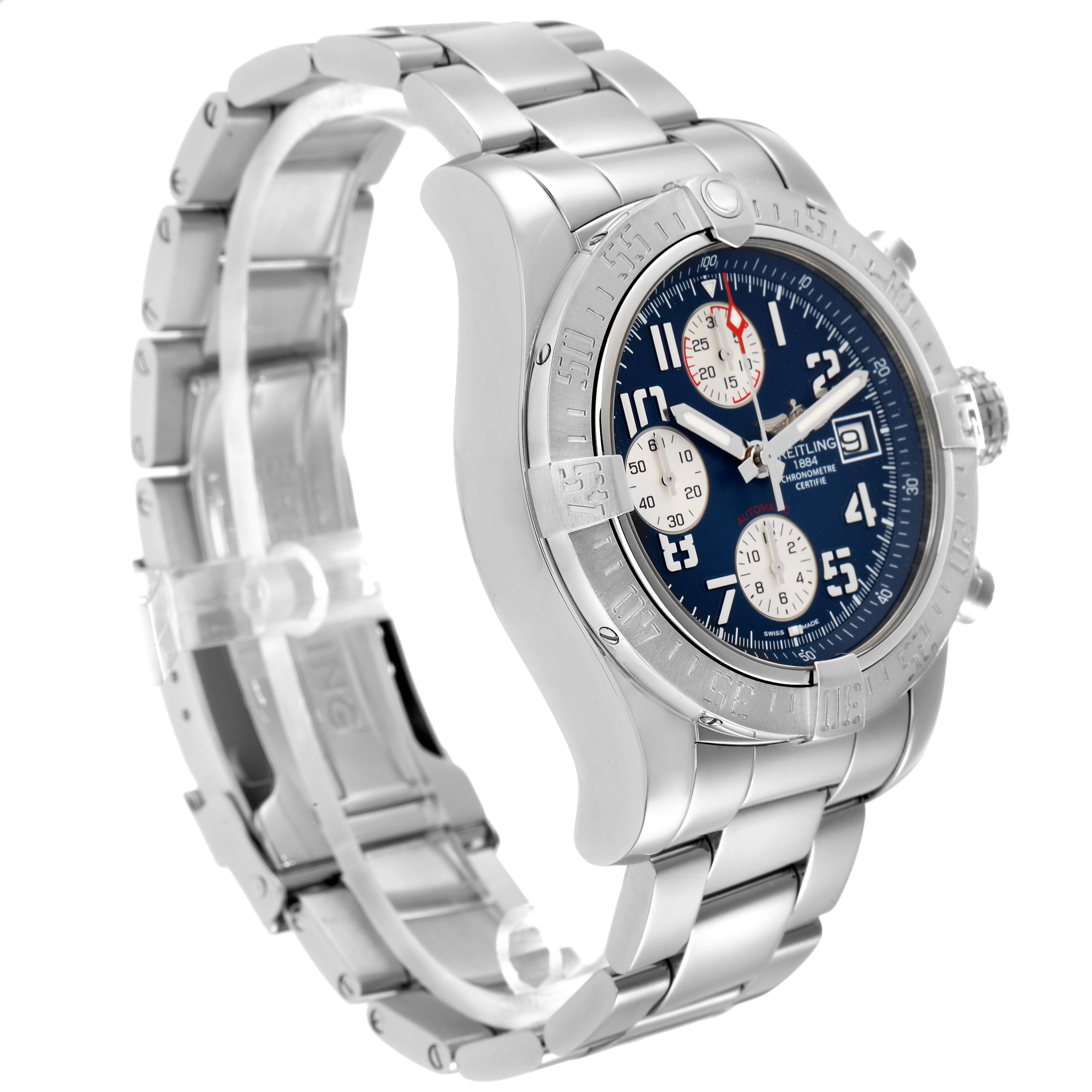The Breitling Avenger A13381 Men
s Stainless Steel Blue Dial watch is shown at a three-quarter angle, highlighting the metal bracelet, bezel, and blue chronograph dial.