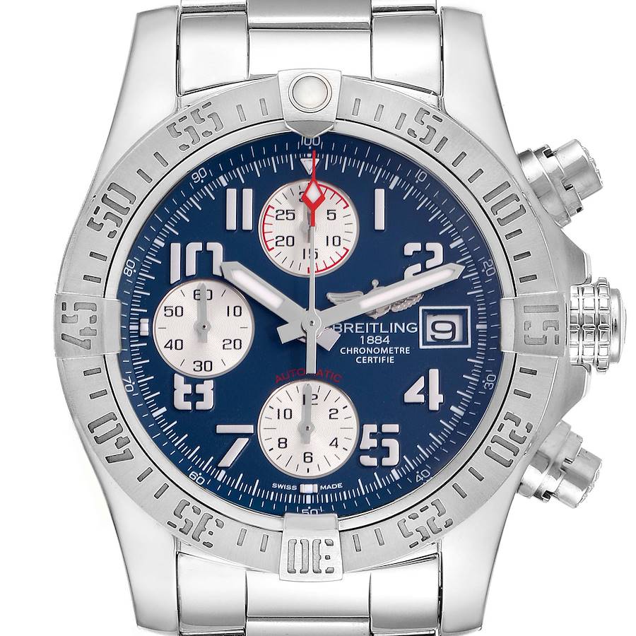 The Breitling Avenger A13381 Men's Stainless Steel Blue Dial watch is shown from the front, highlighting the bezel, dial, chronograph subdials, and date window.