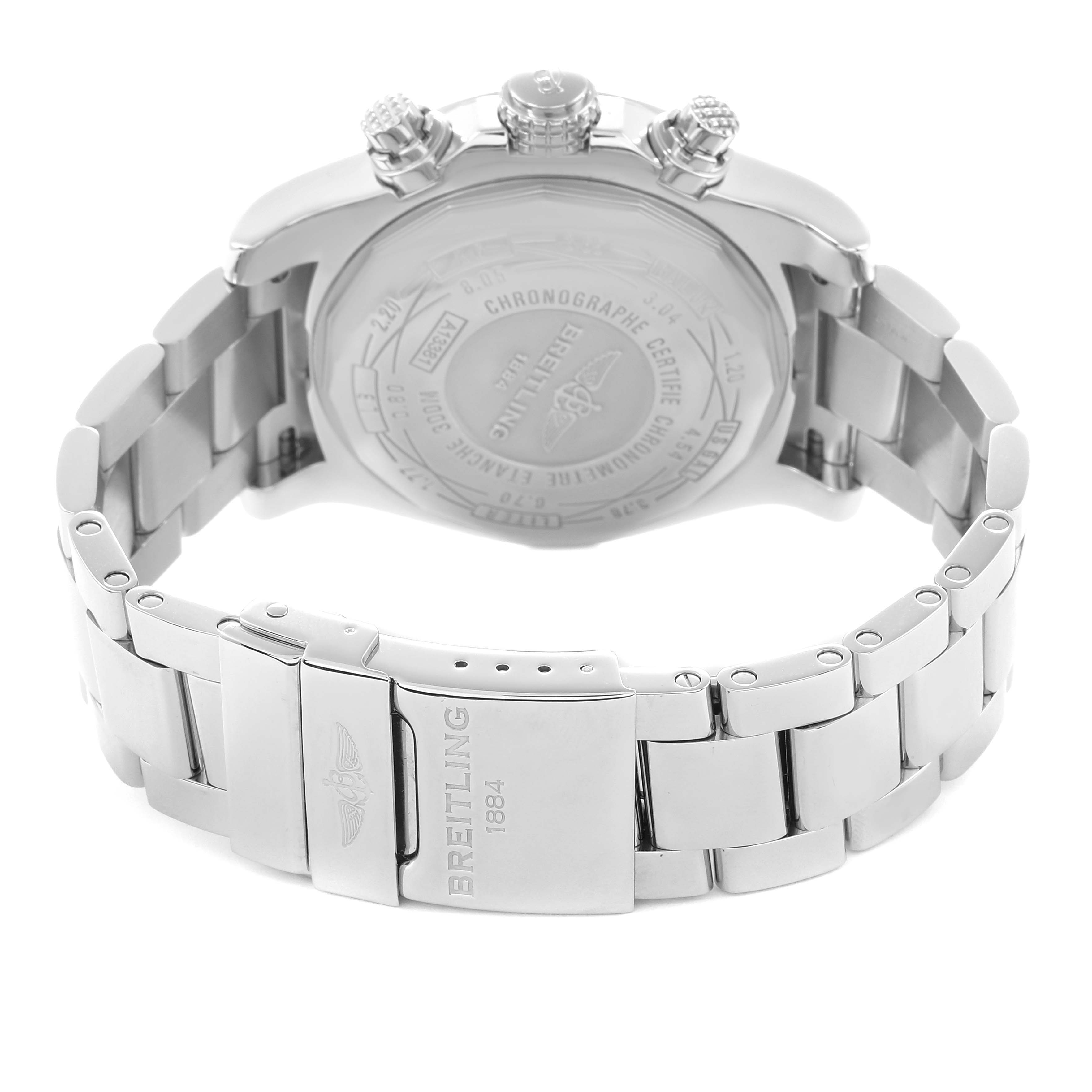 The image shows the back of a Breitling Avenger A13381 Men
s Stainless Steel Blue Dial watch, highlighting the case back, crown, pushers, and bracelet clasp.