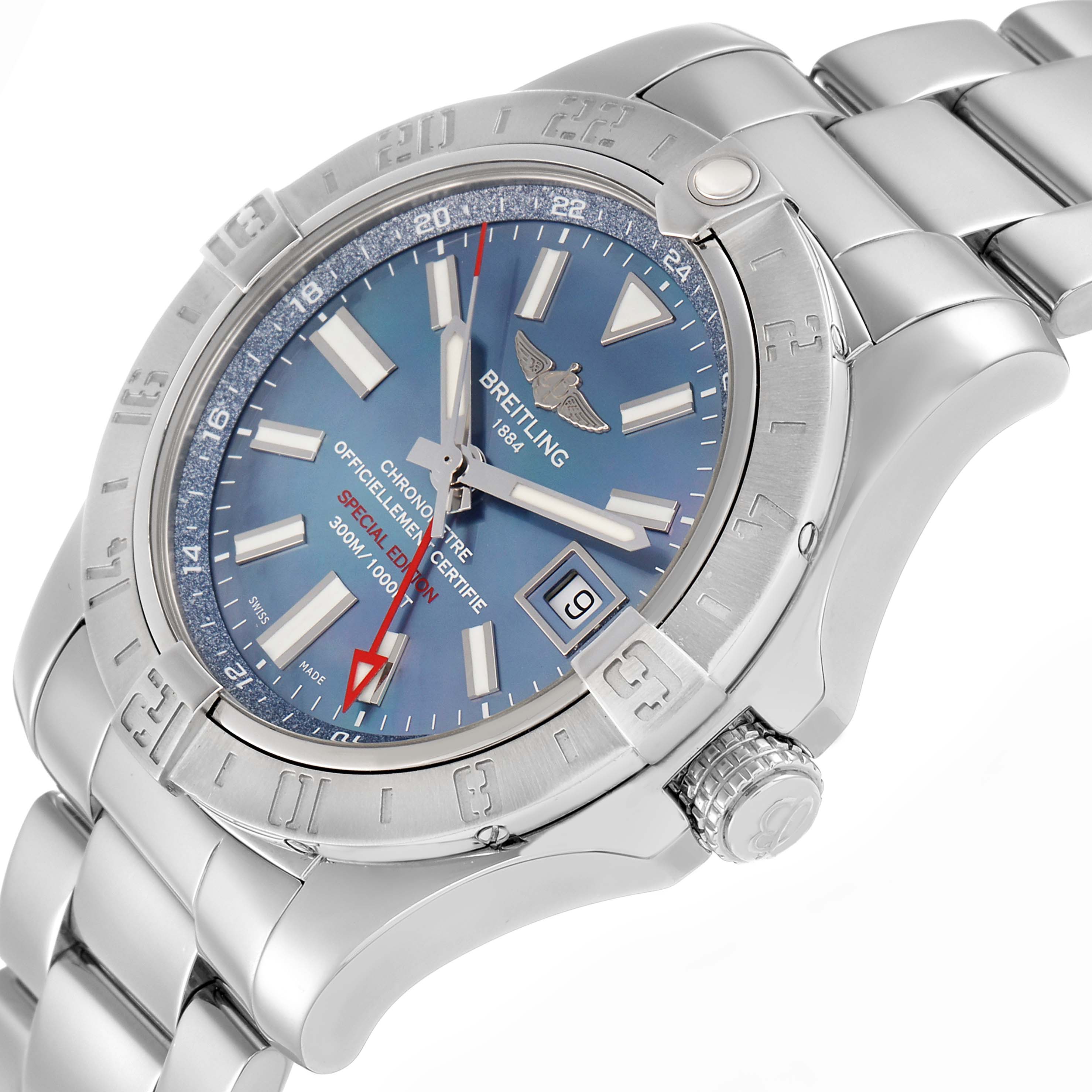 The Breitling Avenger A32390 Men
s Stainless Steel Mother of Pearl Dial watch is shown at a three-quarter angle, displaying the blue dial, bezel, crown, and stainless steel bracelet.