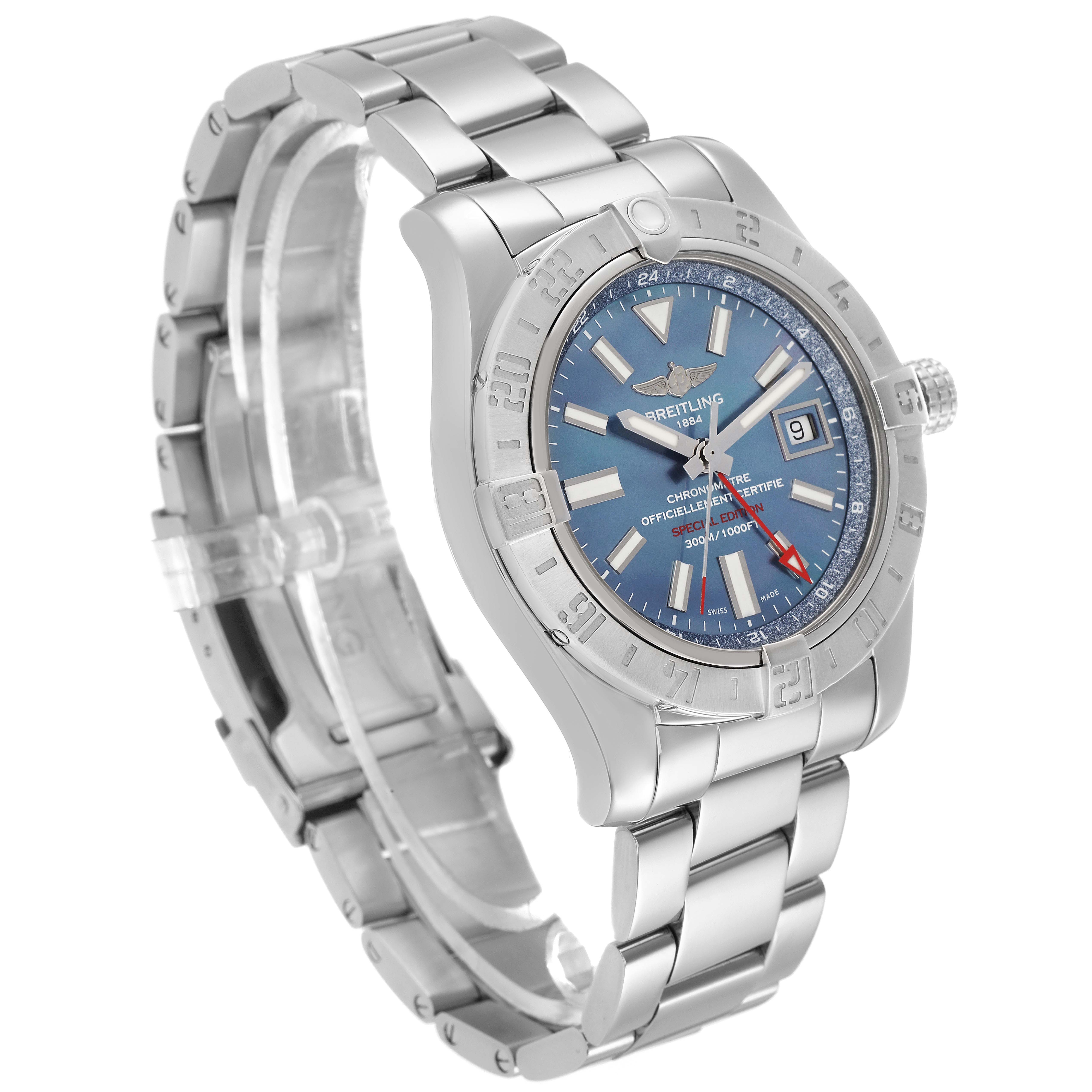 The image shows a Breitling Avenger A32390 Men
s Stainless Steel Mother of Pearl Dial watch at a three-quarter angle, highlighting the face, bezel, crown, and metal bracelet.