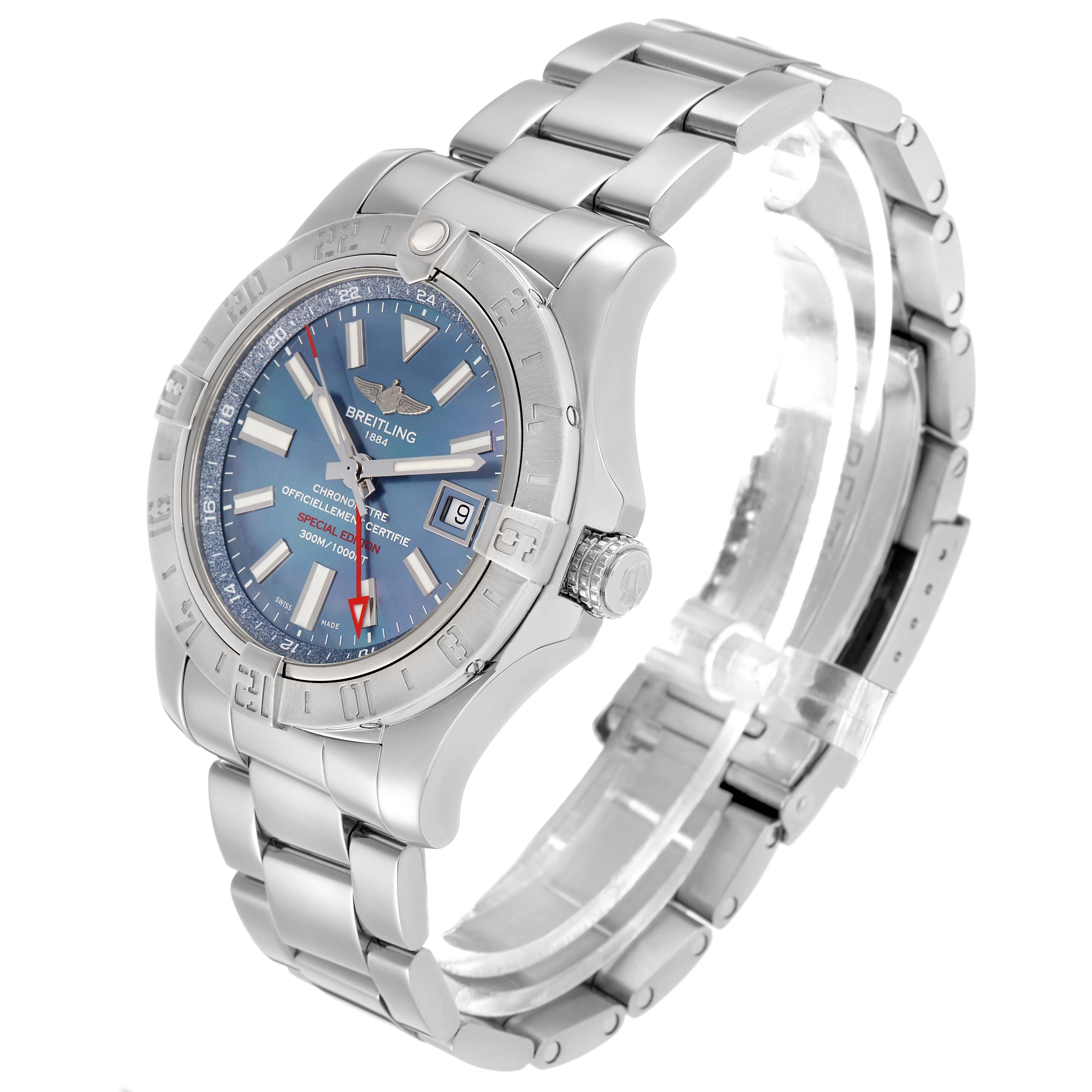 The Breitling Avenger A32390 Men
s Stainless Steel Mother of Pearl Dial watch is angled to show the face, bezel, and metal bracelet.