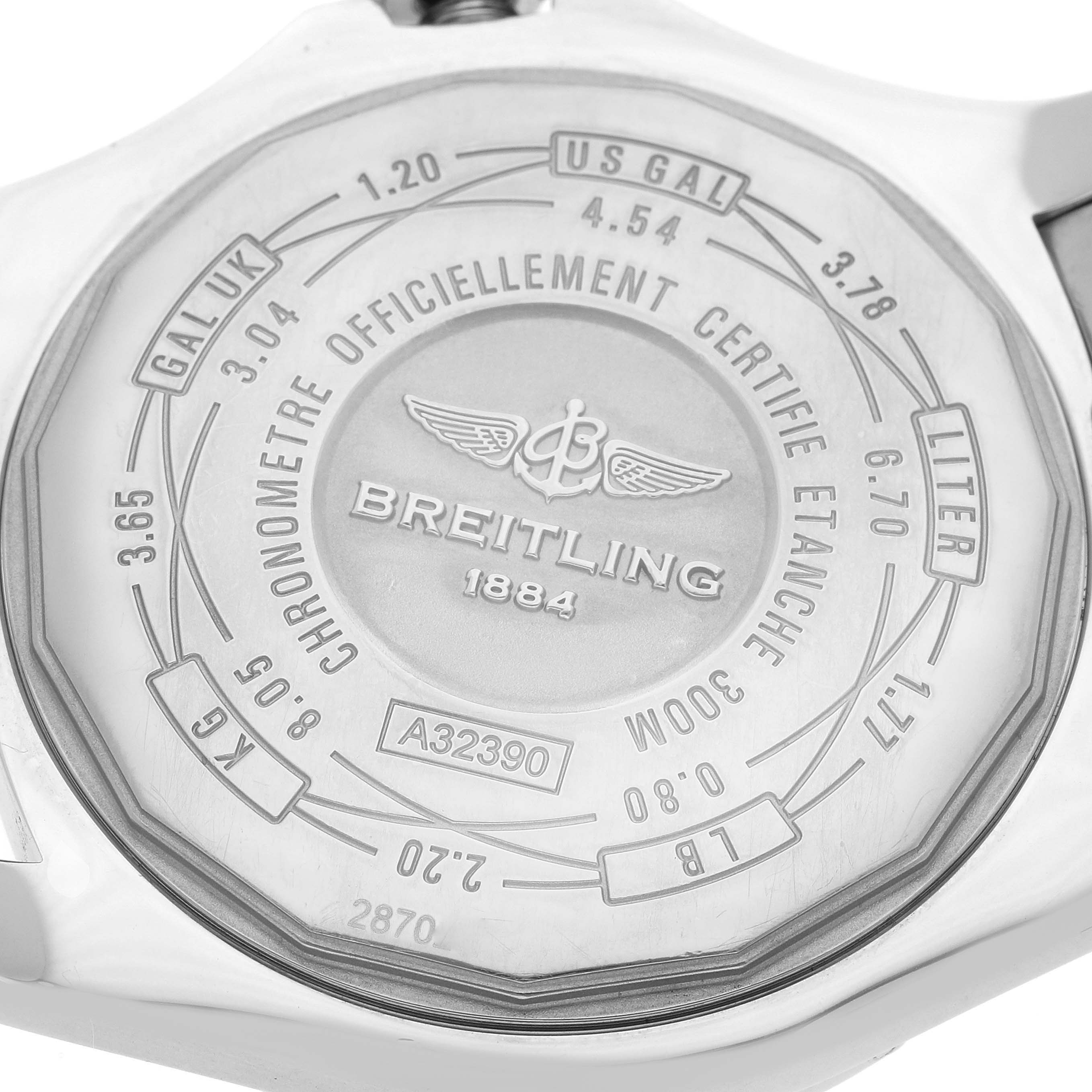 The image shows the back case of the Breitling Avenger A32390 Men
s Stainless Steel Mother of Pearl Dial watch with engravings and branding details.