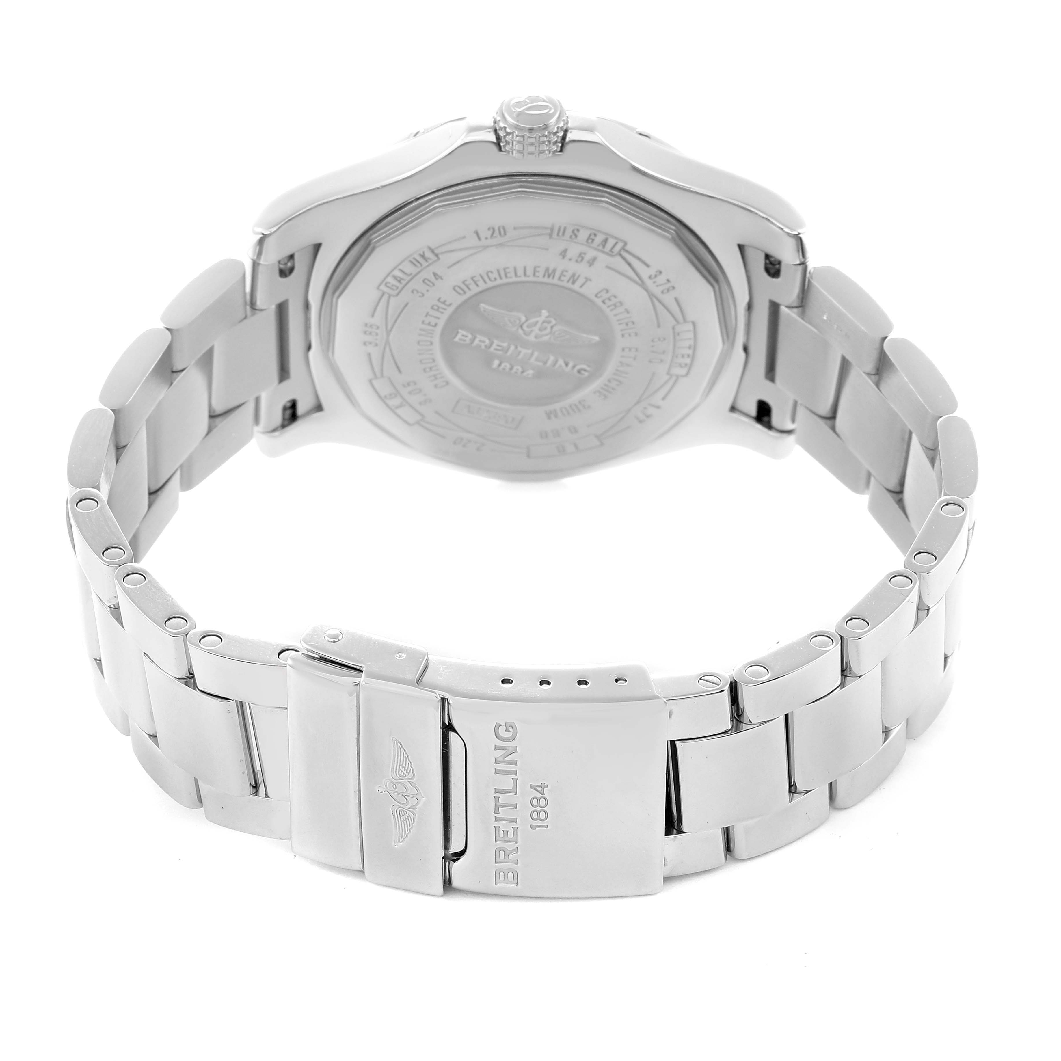 The image shows the back side of a Breitling Avenger A32390 Men
s Stainless Steel Mother of Pearl Dial watch, highlighting the case back and metal bracelet, including the clasp.