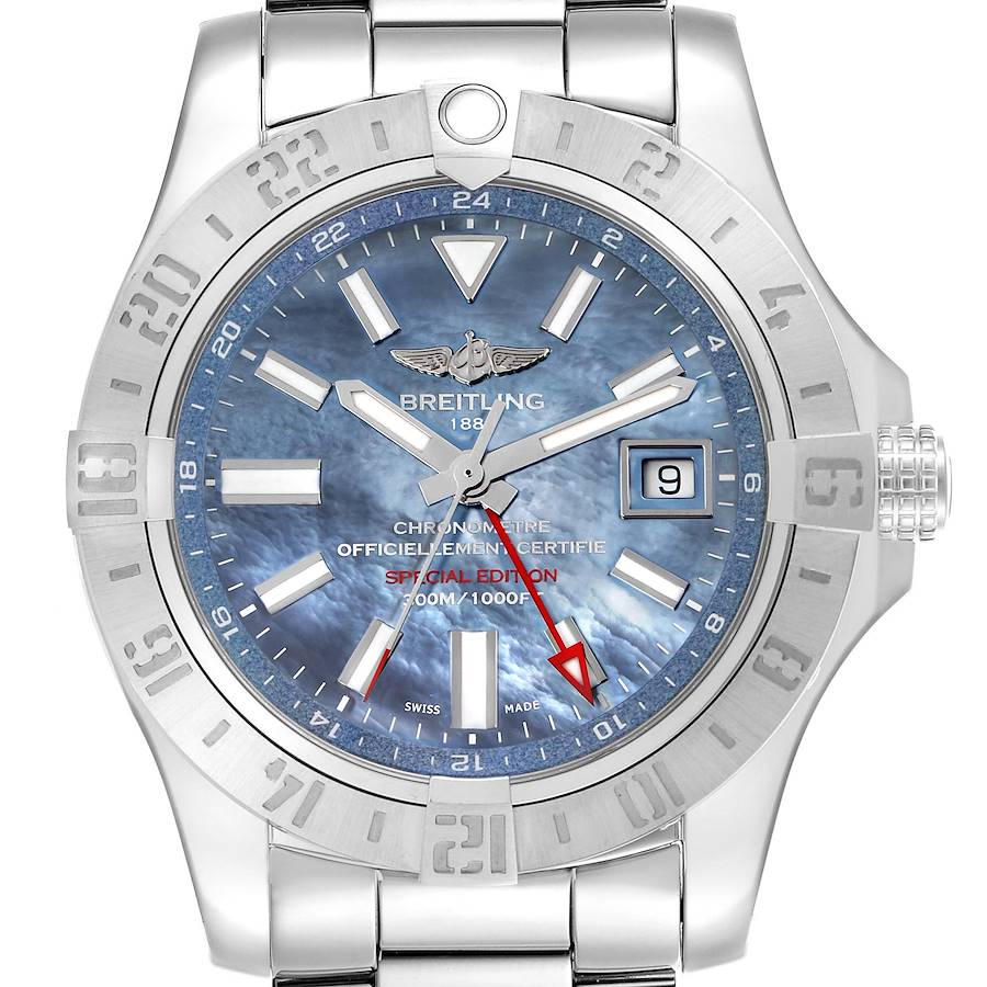 The Breitling Avenger A32390 Men's Stainless Steel Mother of Pearl Dial watch is shown from the front, highlighting the dial, bezel, and bracelet.