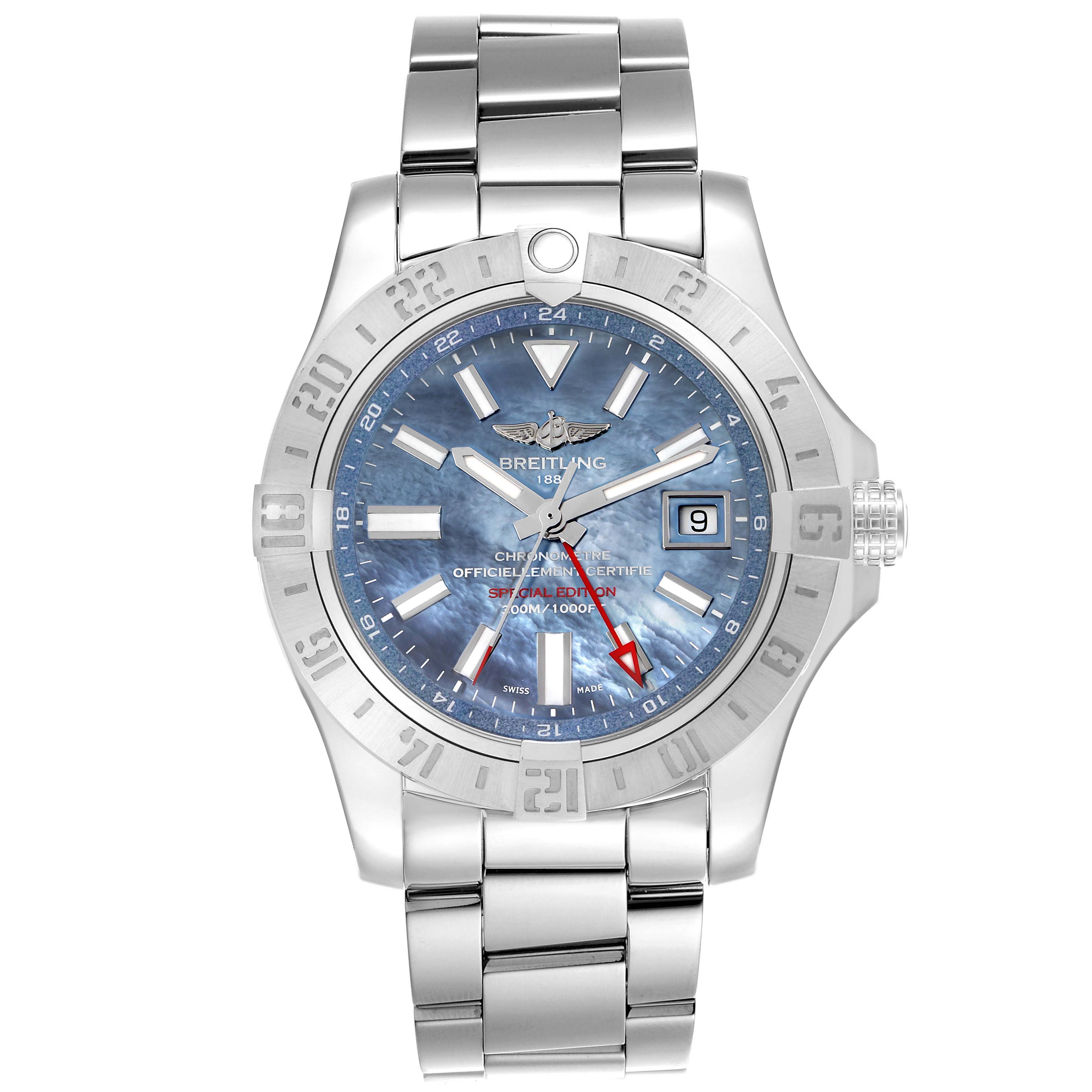 The Breitling Avenger A32390 Men
s Stainless Steel Mother of Pearl Dial watch is shown from a top-down angle, highlighting its face, bezel, and metal bracelet.