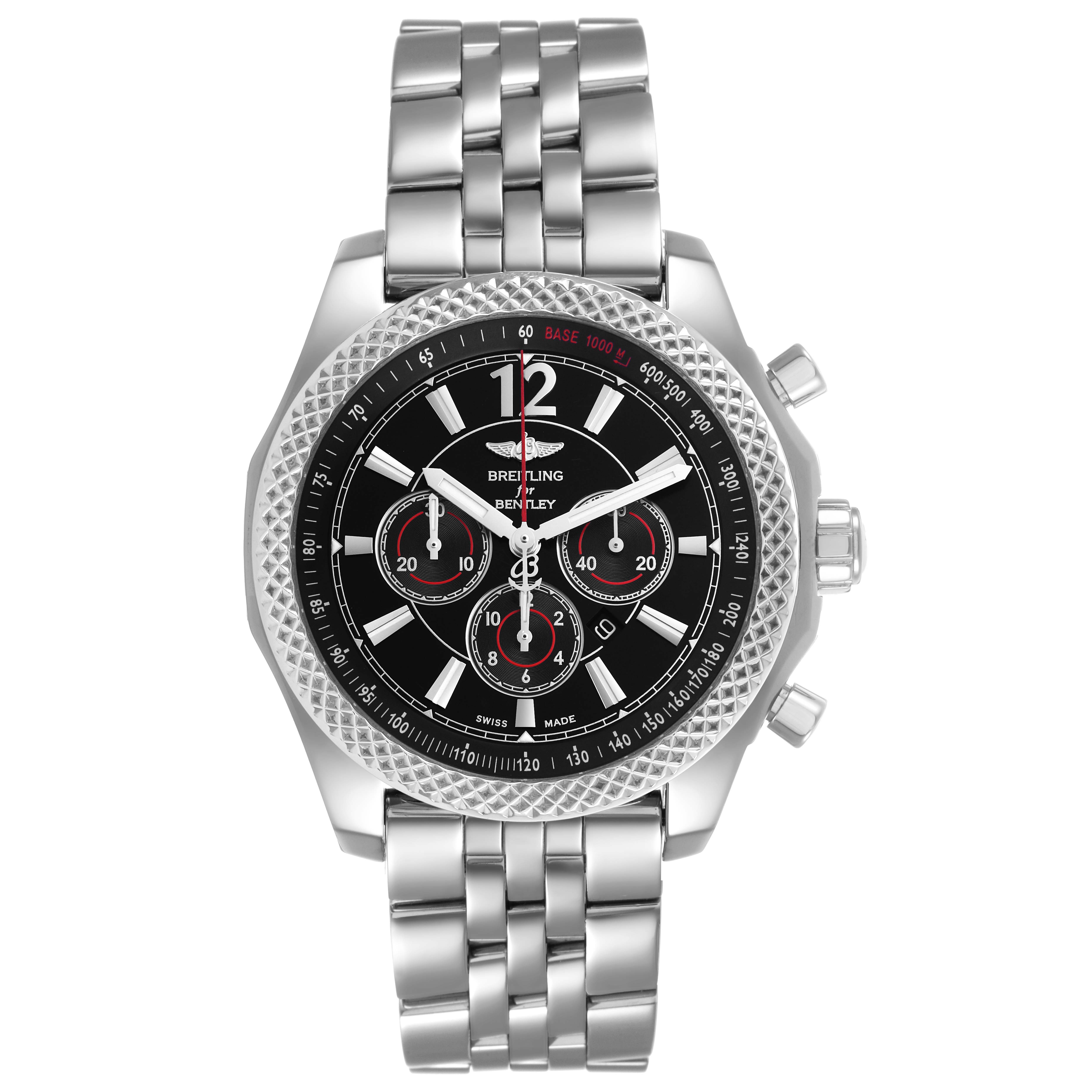 The Breitling Bentley A41390 Men's Stainless Steel Black Dial watch is shown from a front angle, featuring a metallic bracelet and detailed dial with chronograph functions.