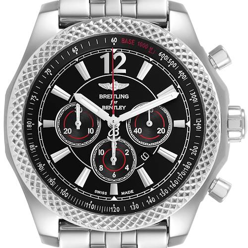 The Breitling Bentley A41390 Men's Stainless Steel Black Dial watch is shown front-on, displaying the dial, bezel, and part of the bracelet.