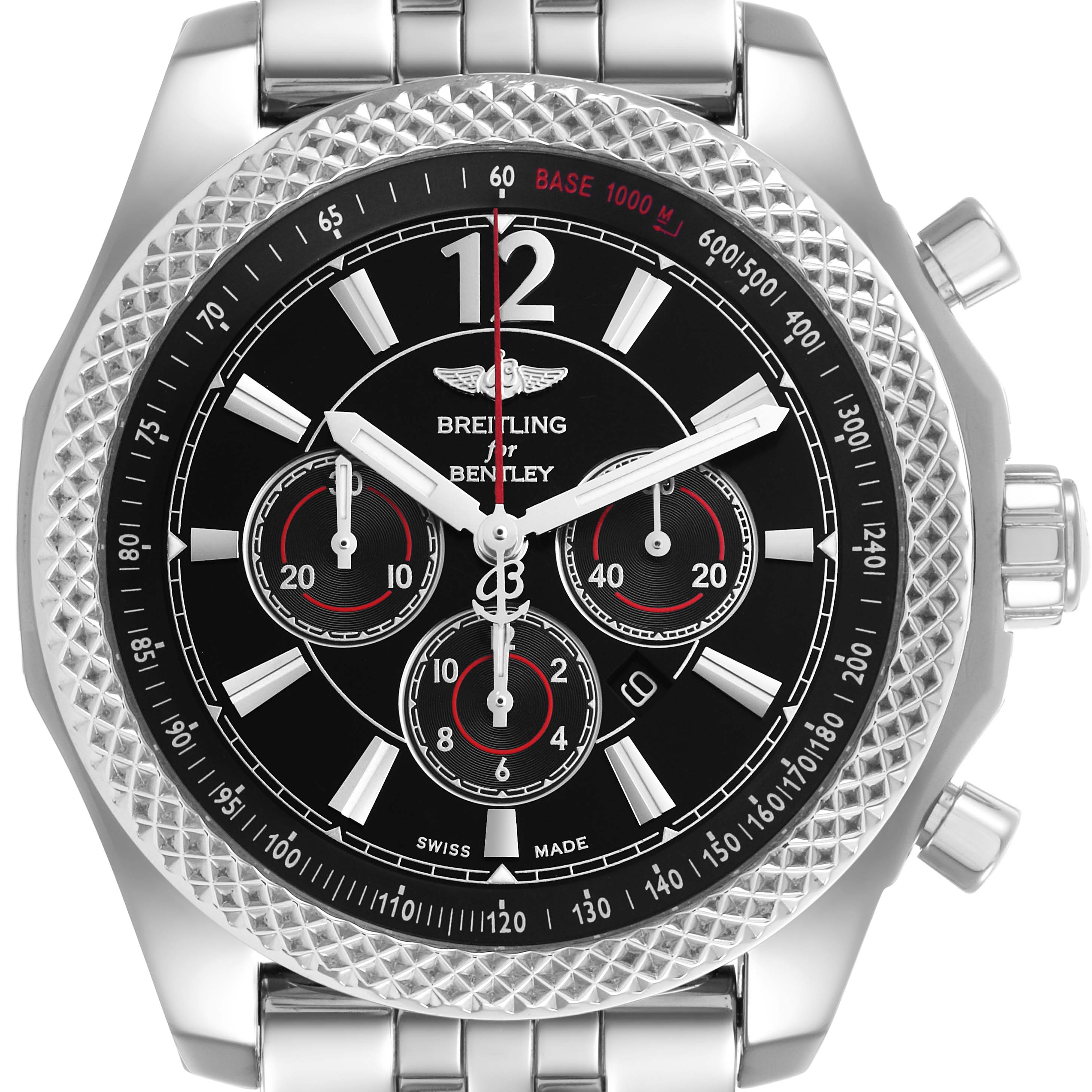 The Breitling Bentley A41390 Men's Stainless Steel Black Dial watch is shown from a front angle, highlighting the dial, bezel, pushers, and part of the bracelet.